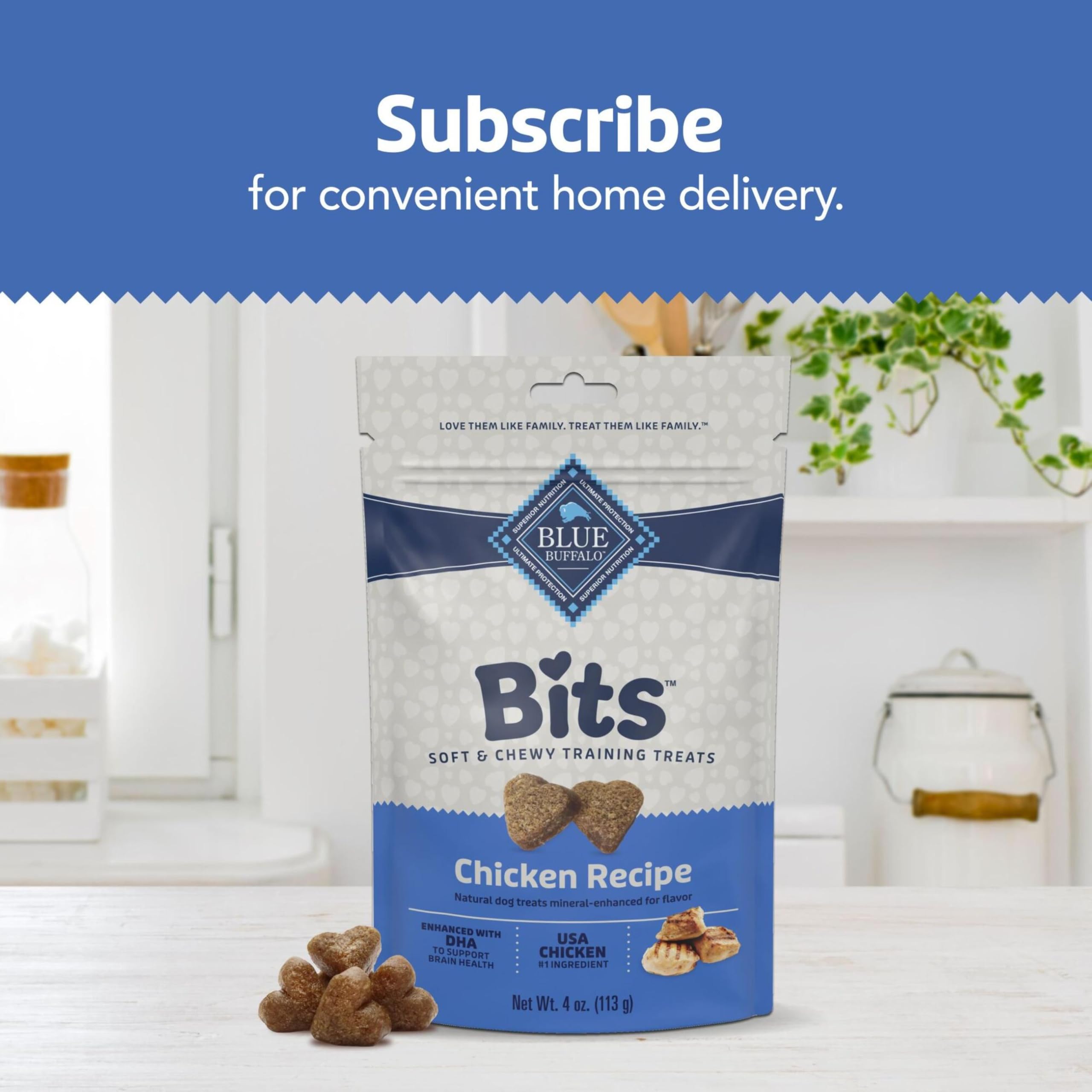 Petits morceaux Blue Buffalo Bits, idéale récompense pendant l’entraînement quotidien.