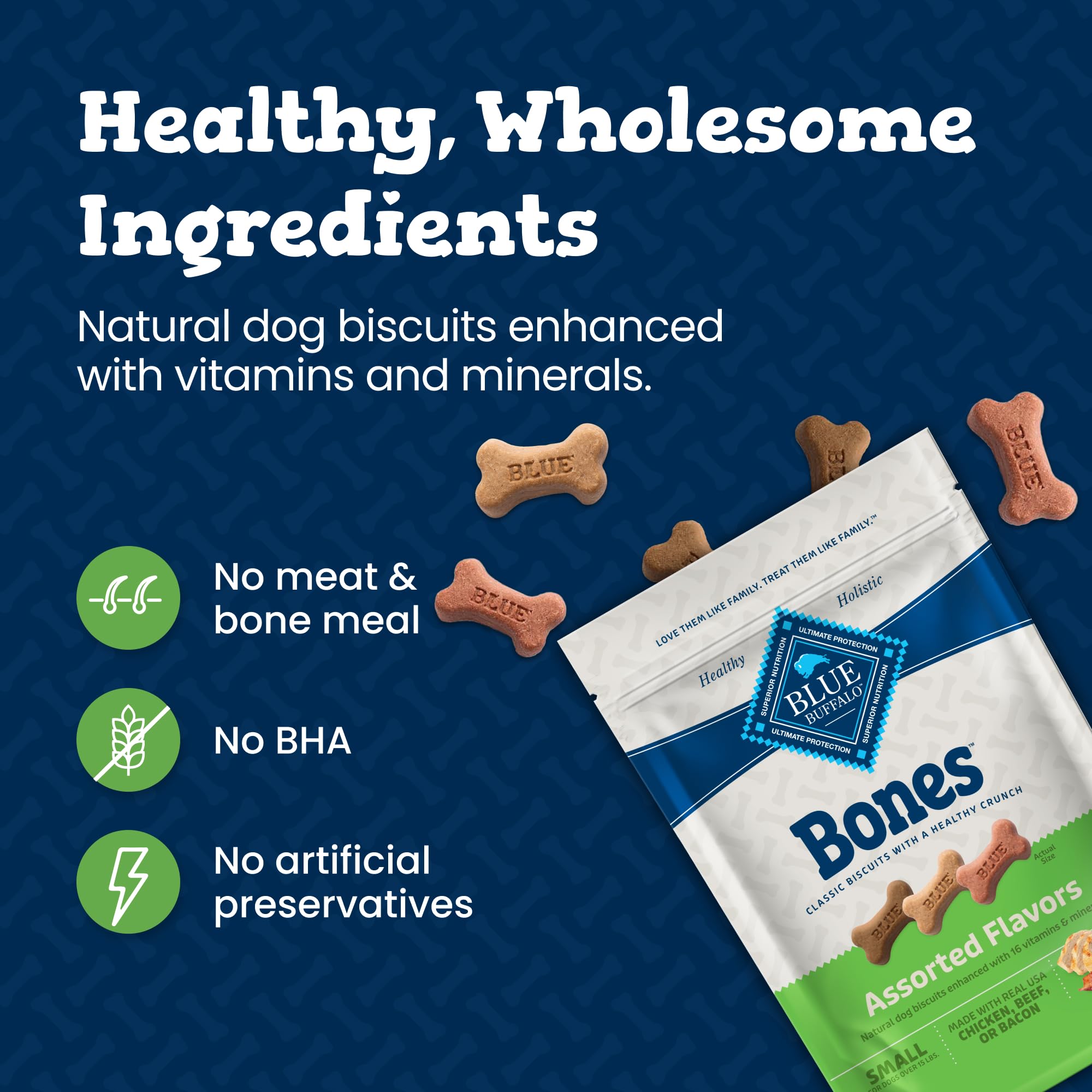 Blue Buffalo Bones emballage 4 sachets, pratique pour maison et déplacements.