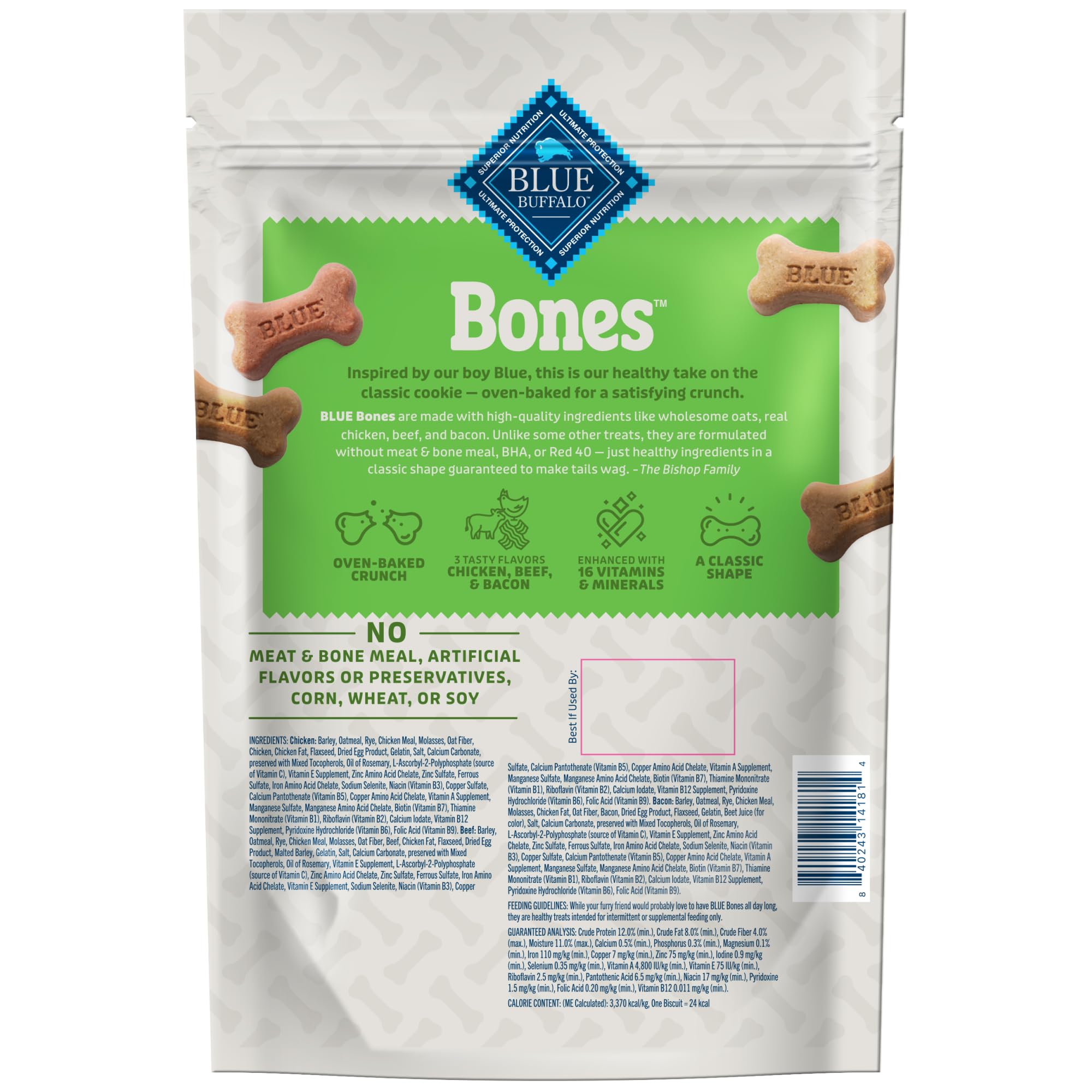 Blue Buffalo Bones saveur poulet, biscuit croquant pour récompense quotidienne.