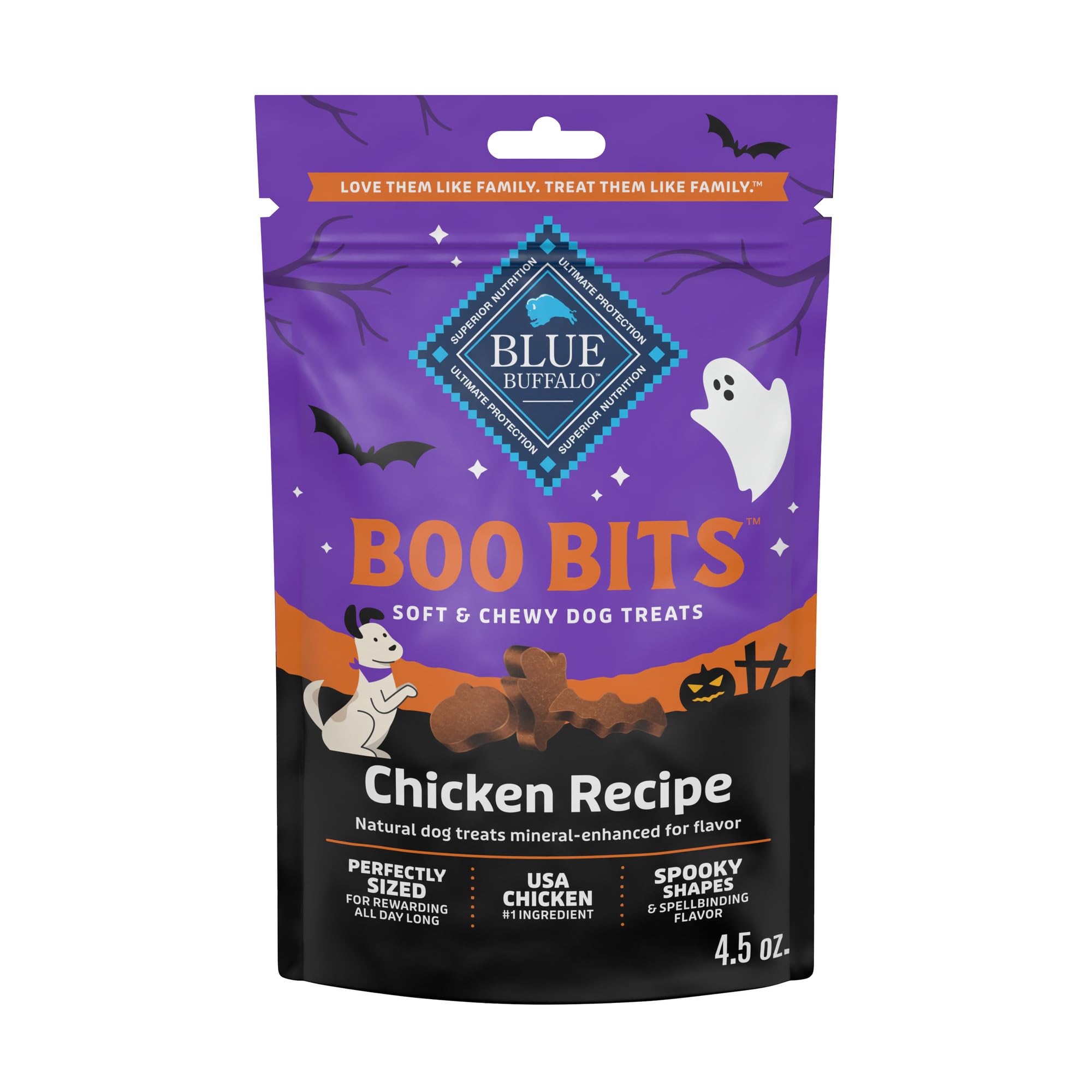Blue Buffalo Boo Bits poulet soft-chewy, récompense idéale pour l'entraînement quotidien.