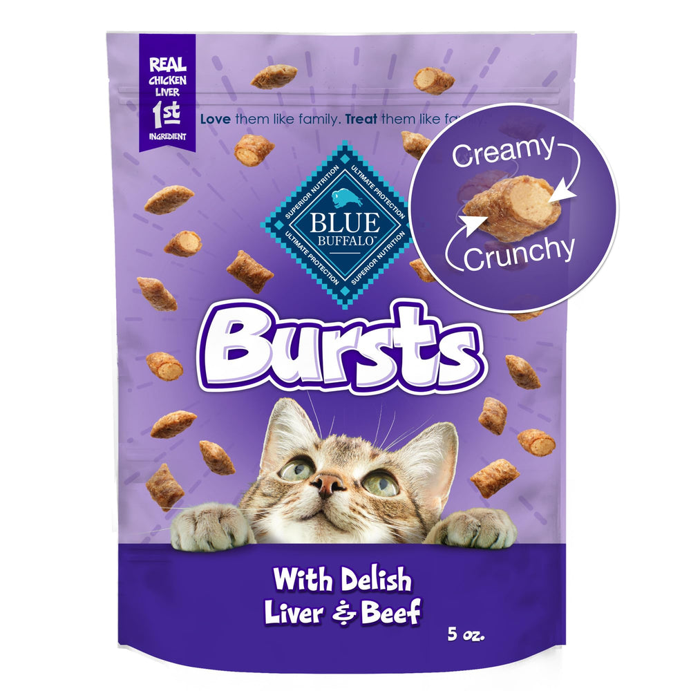 Blue Buffalo Bursts emballage et ingrédients visibles pour chats gourmands.