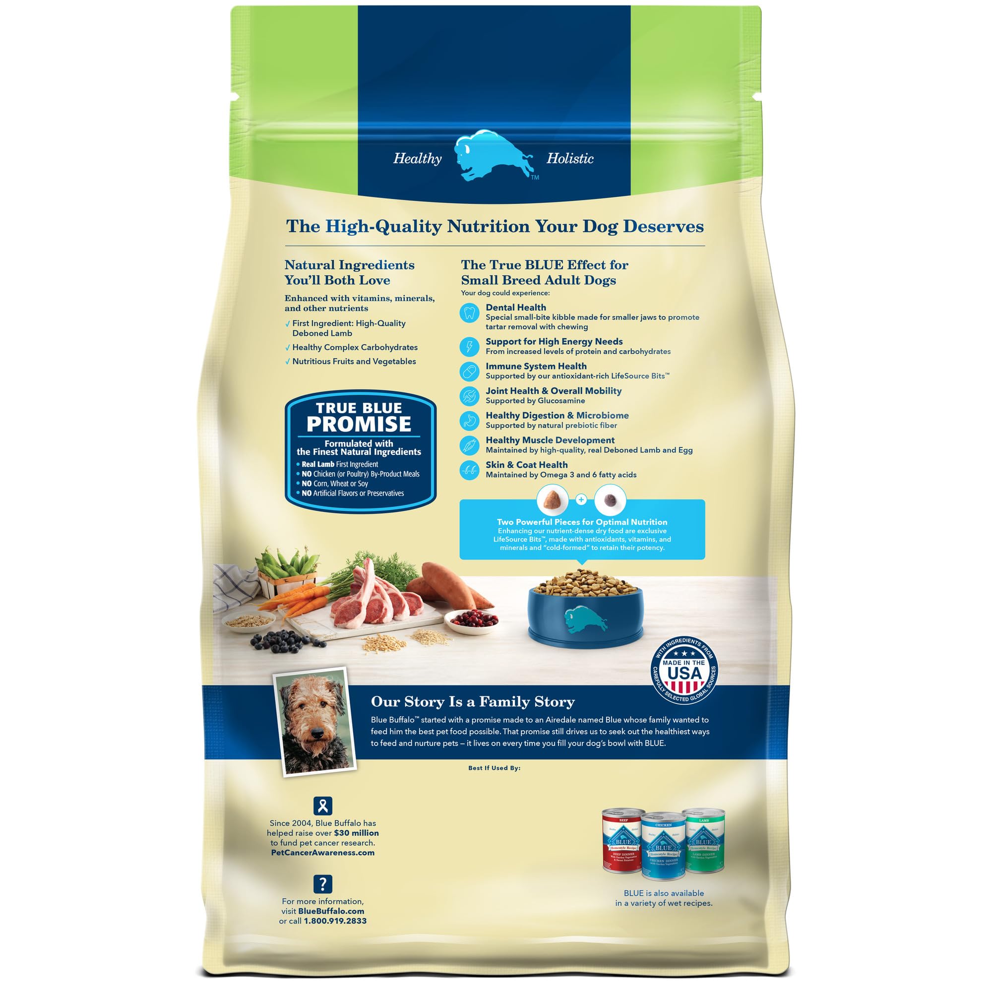 Croquettes Blue Buffalo agneau-riz brun pour petits chiens, énergie quotidienne.