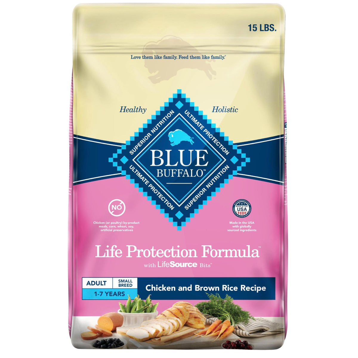 Blue Buffalo croquettes petit chien poulet et riz brun, énergie soutenue.