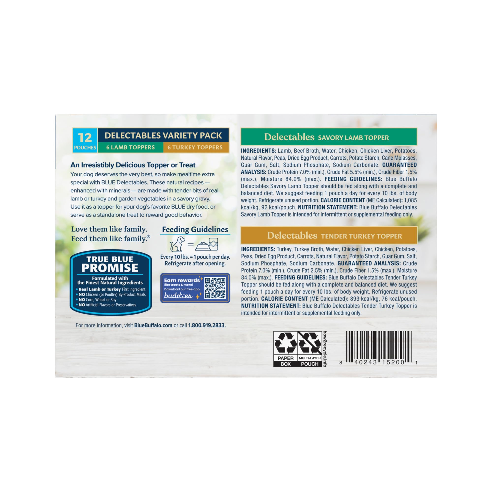 BLUE Delectables garniture dinde en sachet portionné idéale pour chiens actifs.