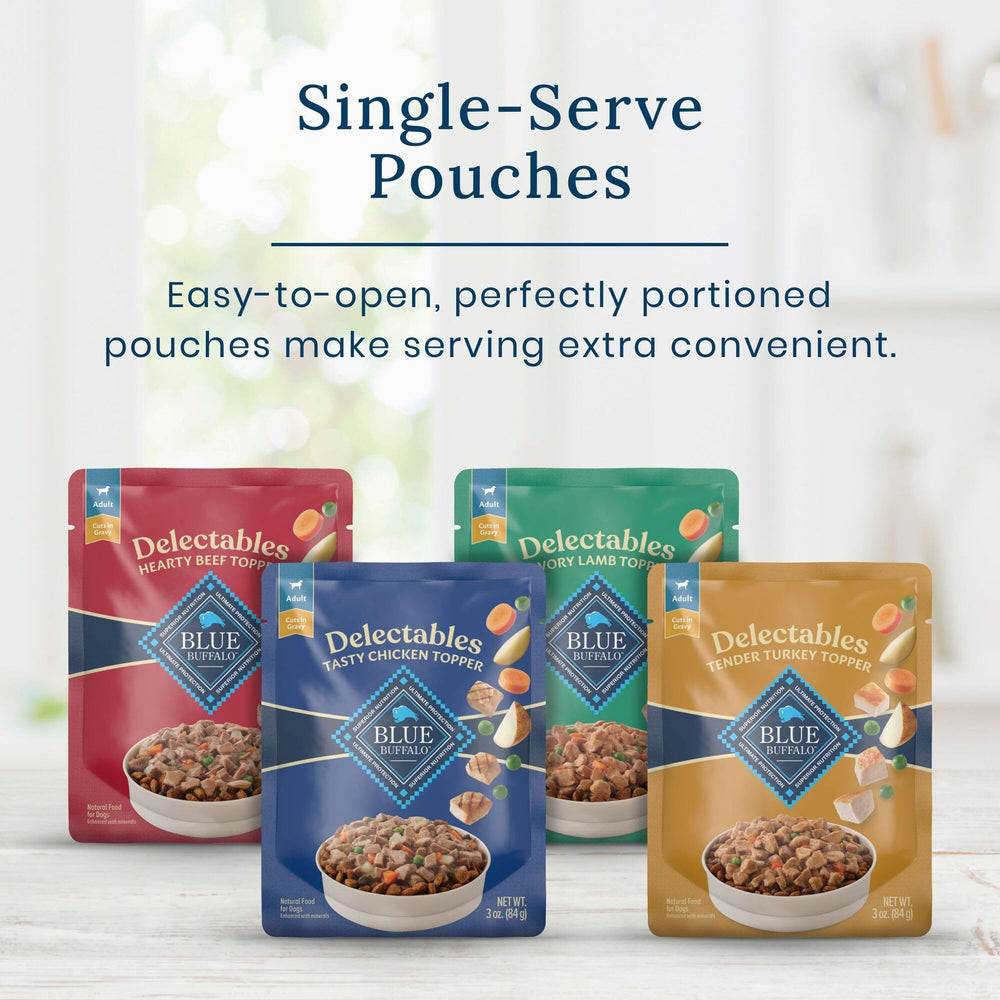Blue Buffalo Delectables sachets 3 oz: portions pratiques pour repas ou récompense.