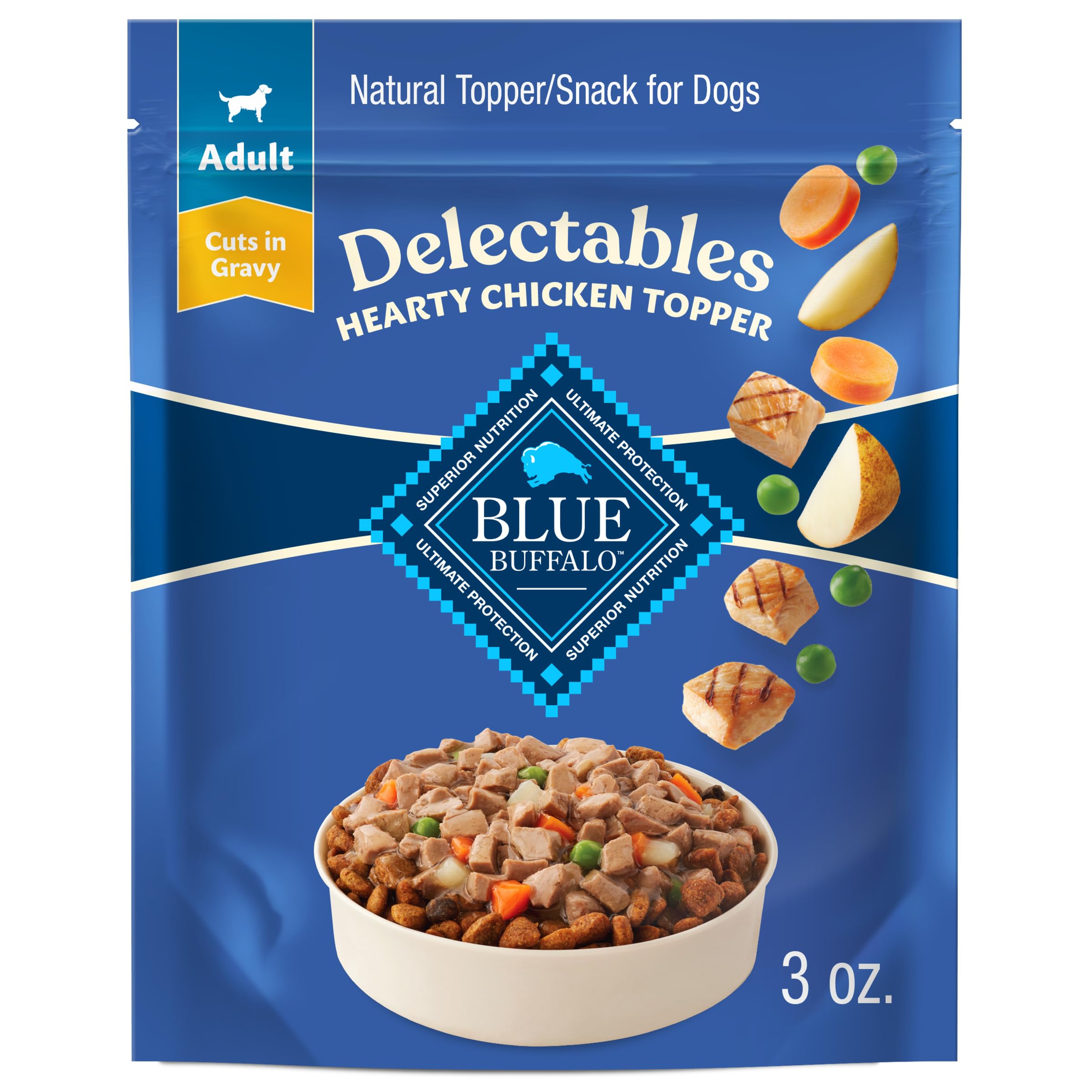 Blue Buffalo Delectables Toppers poulet en sauce, portion unique et pratique.