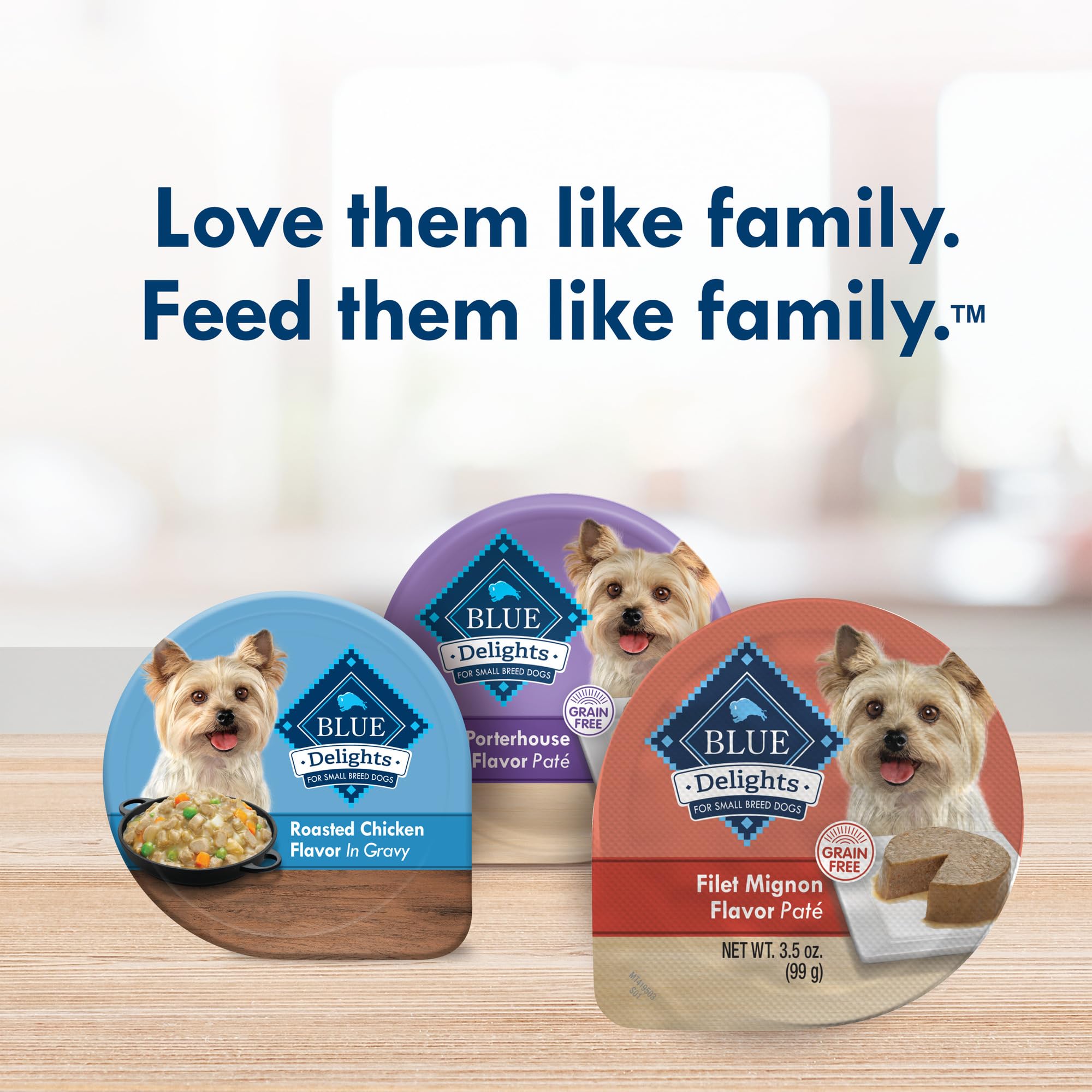 Blue Buffalo Delights, filet mignon, protéines de qualité pour petits chiens actifs.