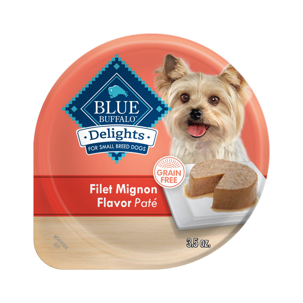 Blue Buffalo Delights, pâté filet mignon, portion unique pratique pour petit chien.