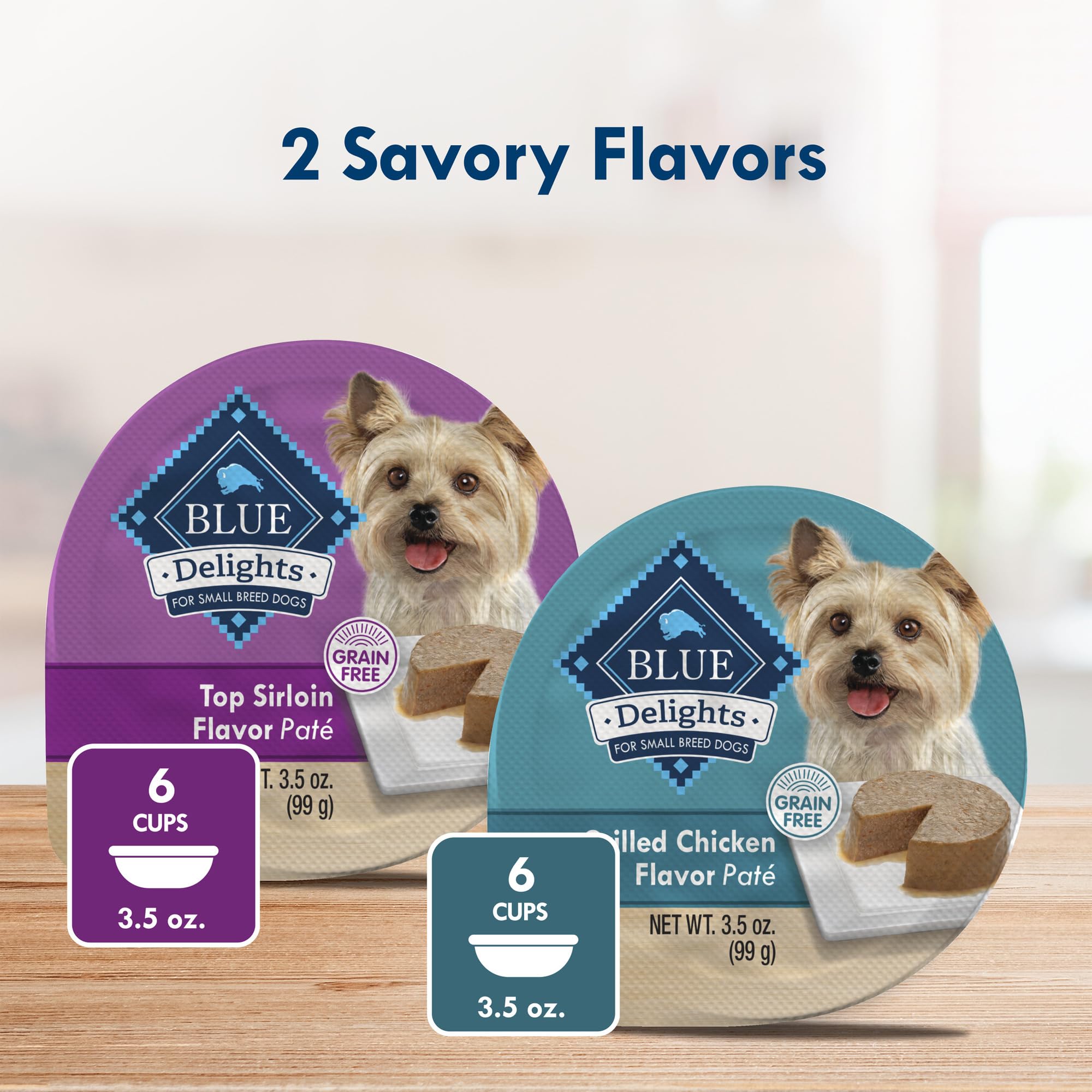 Blue Buffalo Delights tasses pour petits chiens, portions faciles à servir.