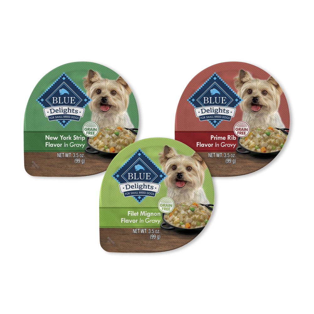 Blue Buffalo Delights Prime Rib en coupes avec sauce, repas pratique pour petit chien actif.