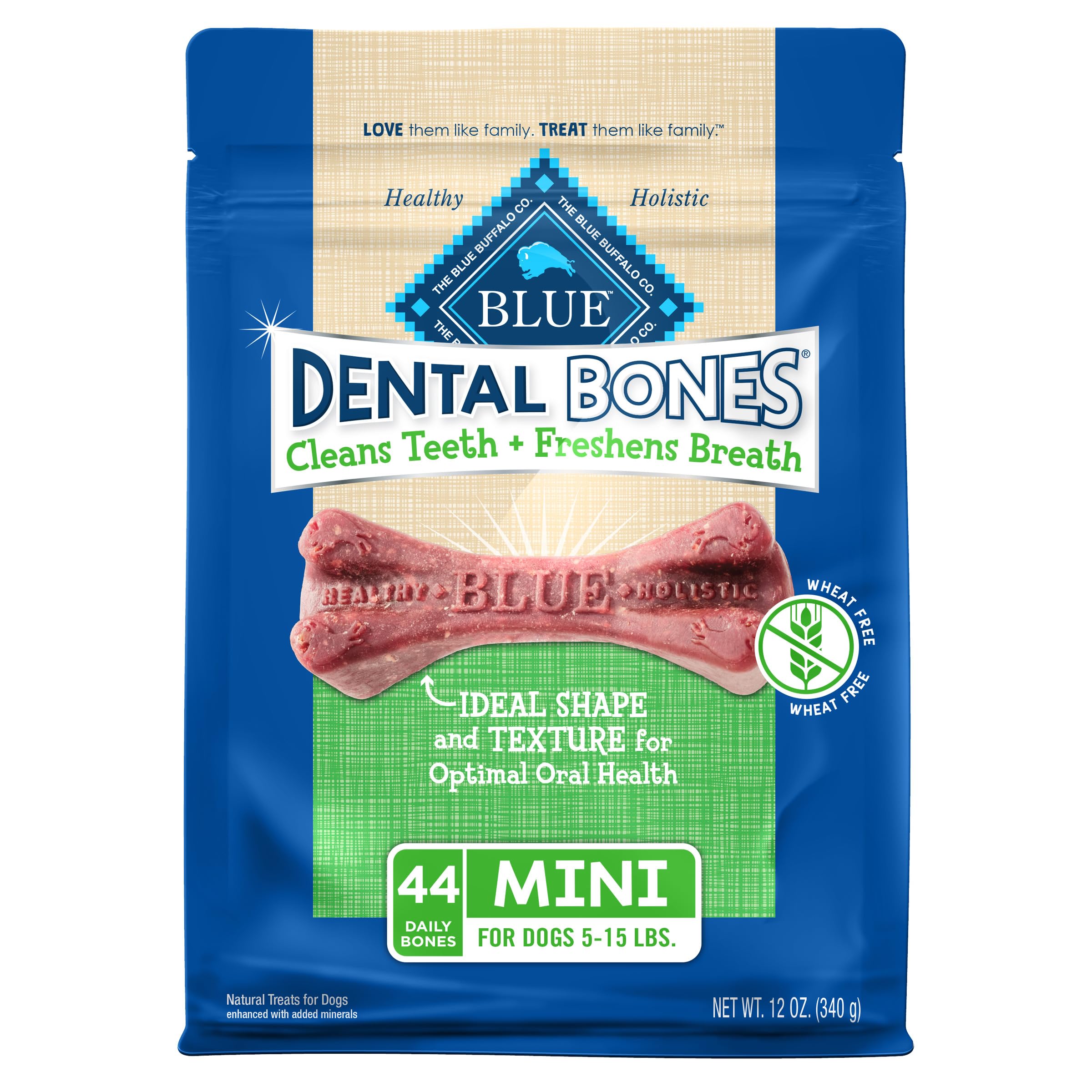 Blue Buffalo Dental Bones Mini, emballage 12oz, friandise naturelle pour chiens petits, pratique au quotidien.