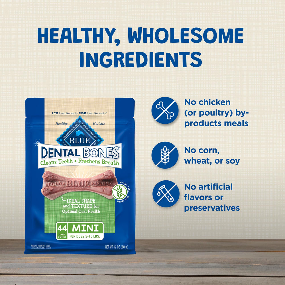 Blue Buffalo Dental Bones Mini, sans colorants artificiels, assurance qualité et sécurité alimentaire.
