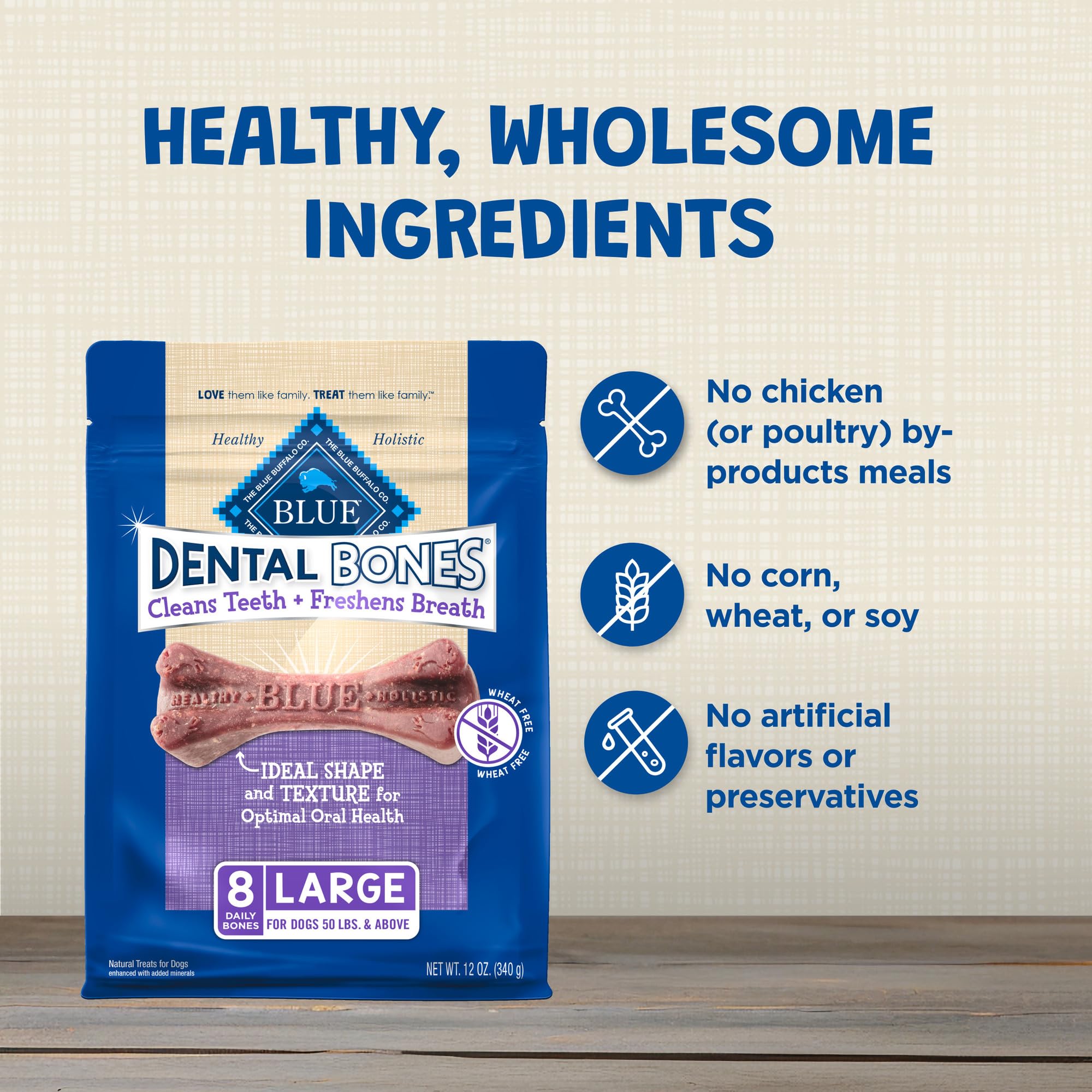 Blue Buffalo Dental Bones sans sous-produits de poulet et ingrédients indésirables.