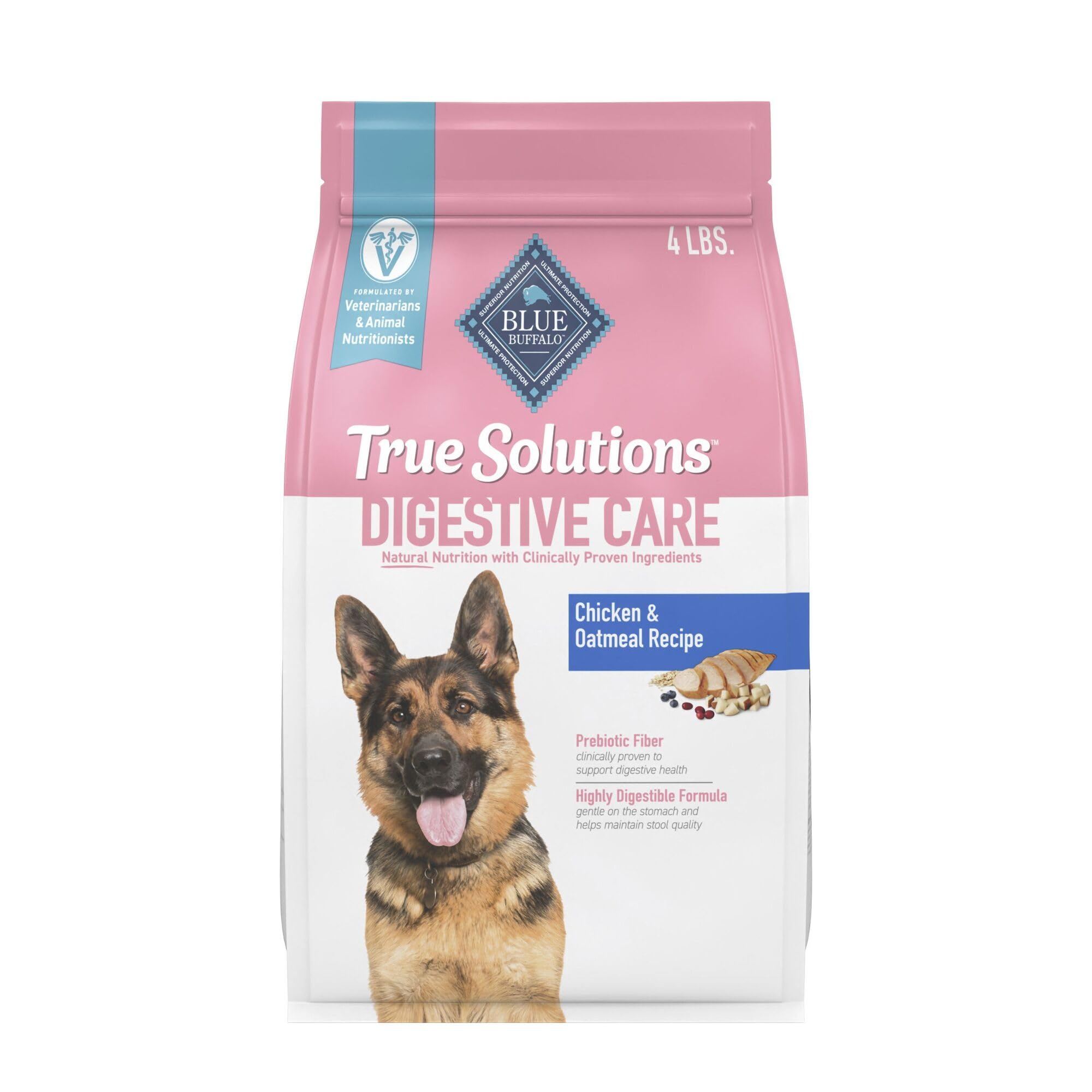 Blue Buffalo True Solutions Digestive Care — emballage poulet, soutien digestif potentiel.