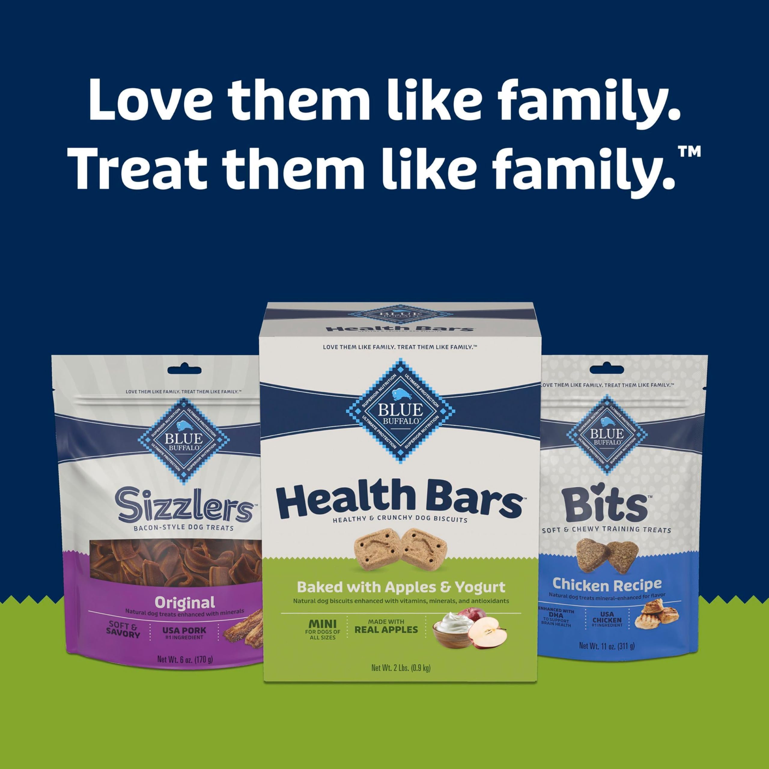 Emballage et présentation des ingrédients de Blue Buffalo Health Bars.