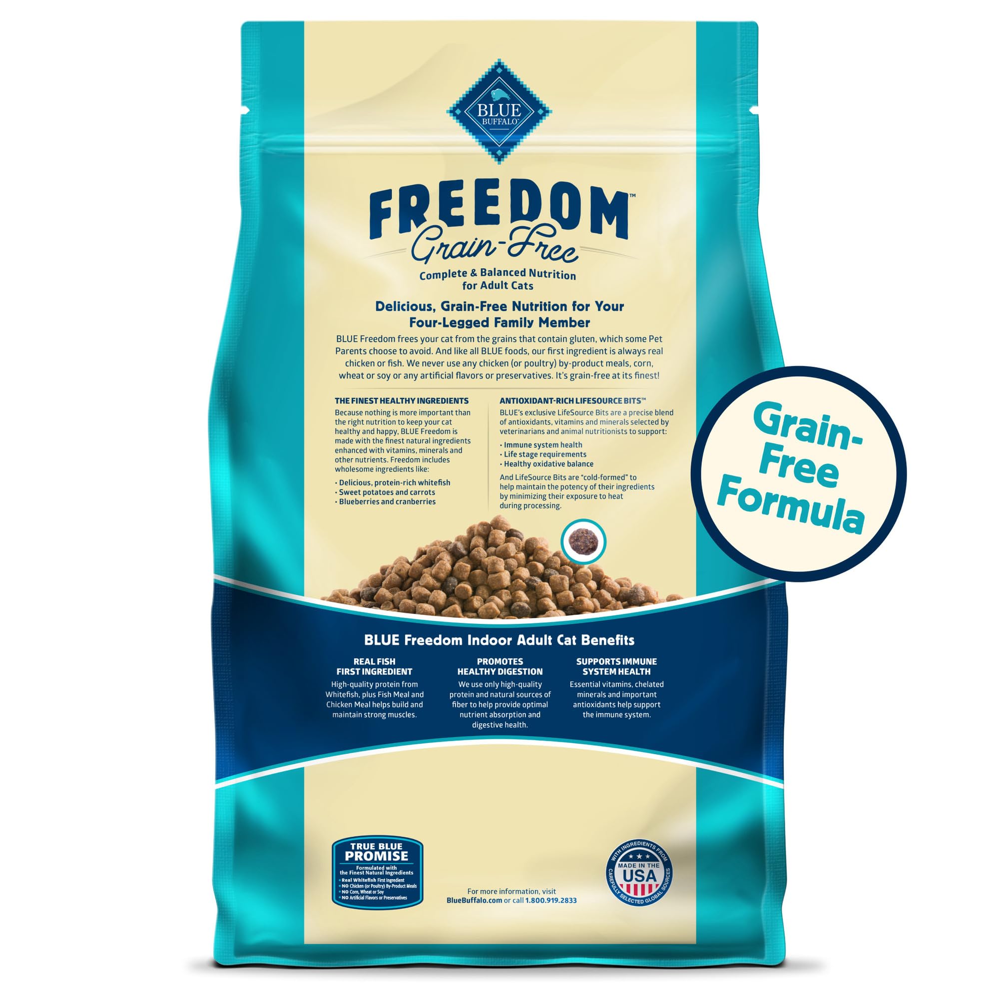 Blue Buffalo Freedom pour chat adulte, digestion optimisée grâce à protéines et fibres naturelles.