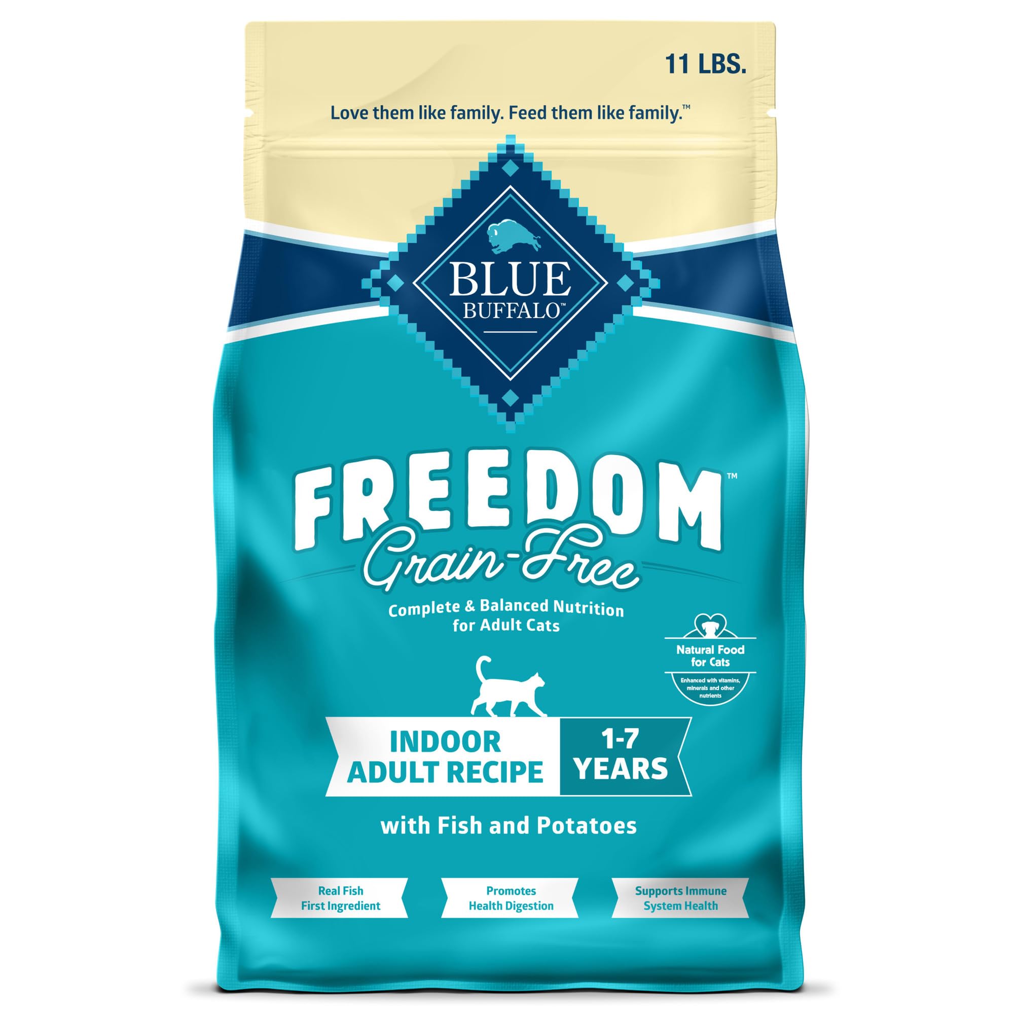 Blue Buffalo Freedom pour chat intérieur au poisson blanc, premier ingrédient savoureux.