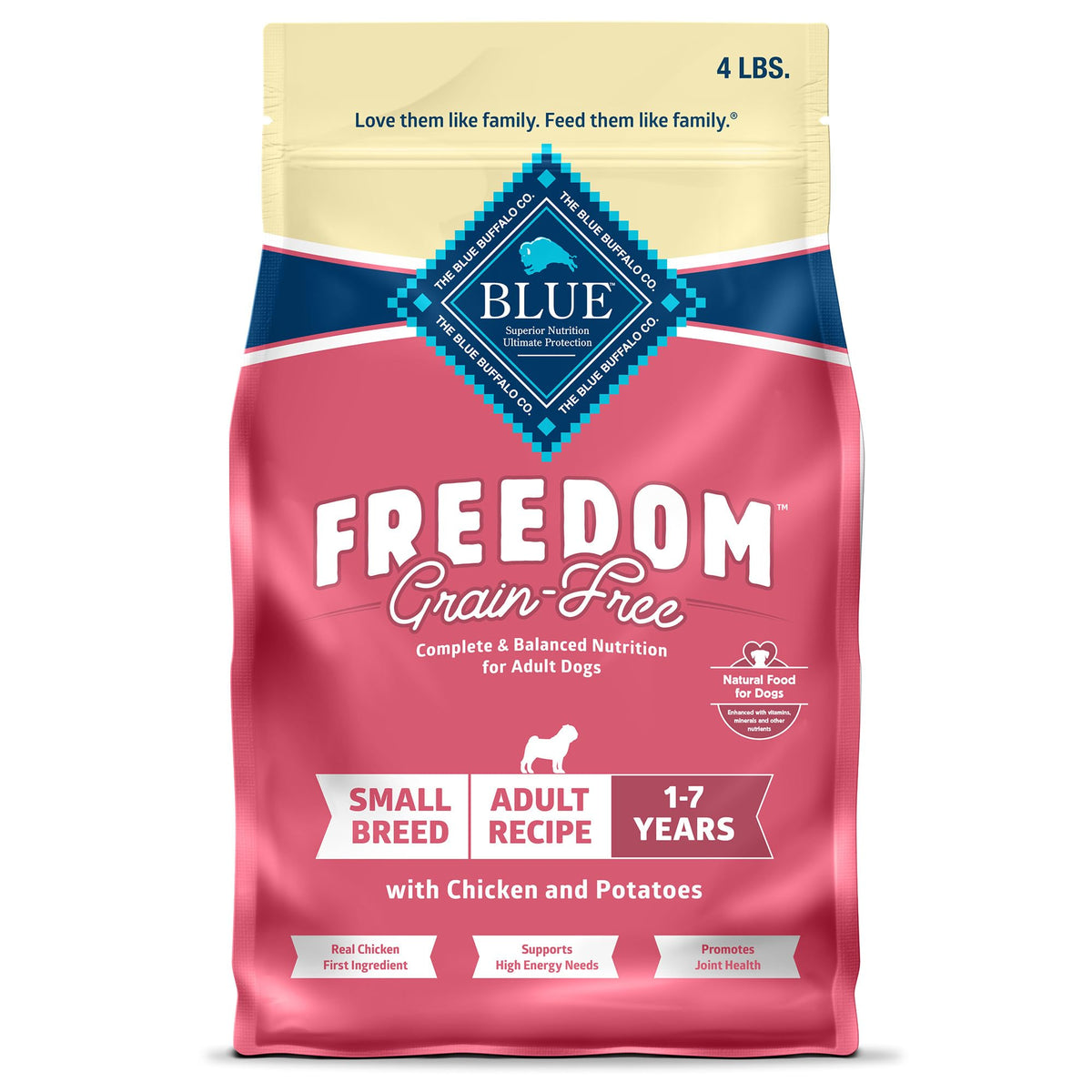 Blue Buffalo Freedom sans céréales pour petits chiens avec poulet et pommes de terre, énergie potentielle.