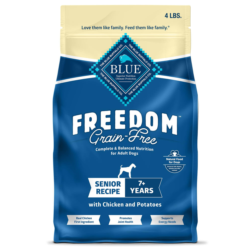 Blue Buffalo Freedom Senior avec poulet; premier ingrédient pour nutrition de qualité.