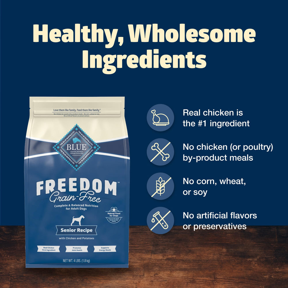 Blue Buffalo Freedom Senior sans produits poulet; simplicité et naturel.