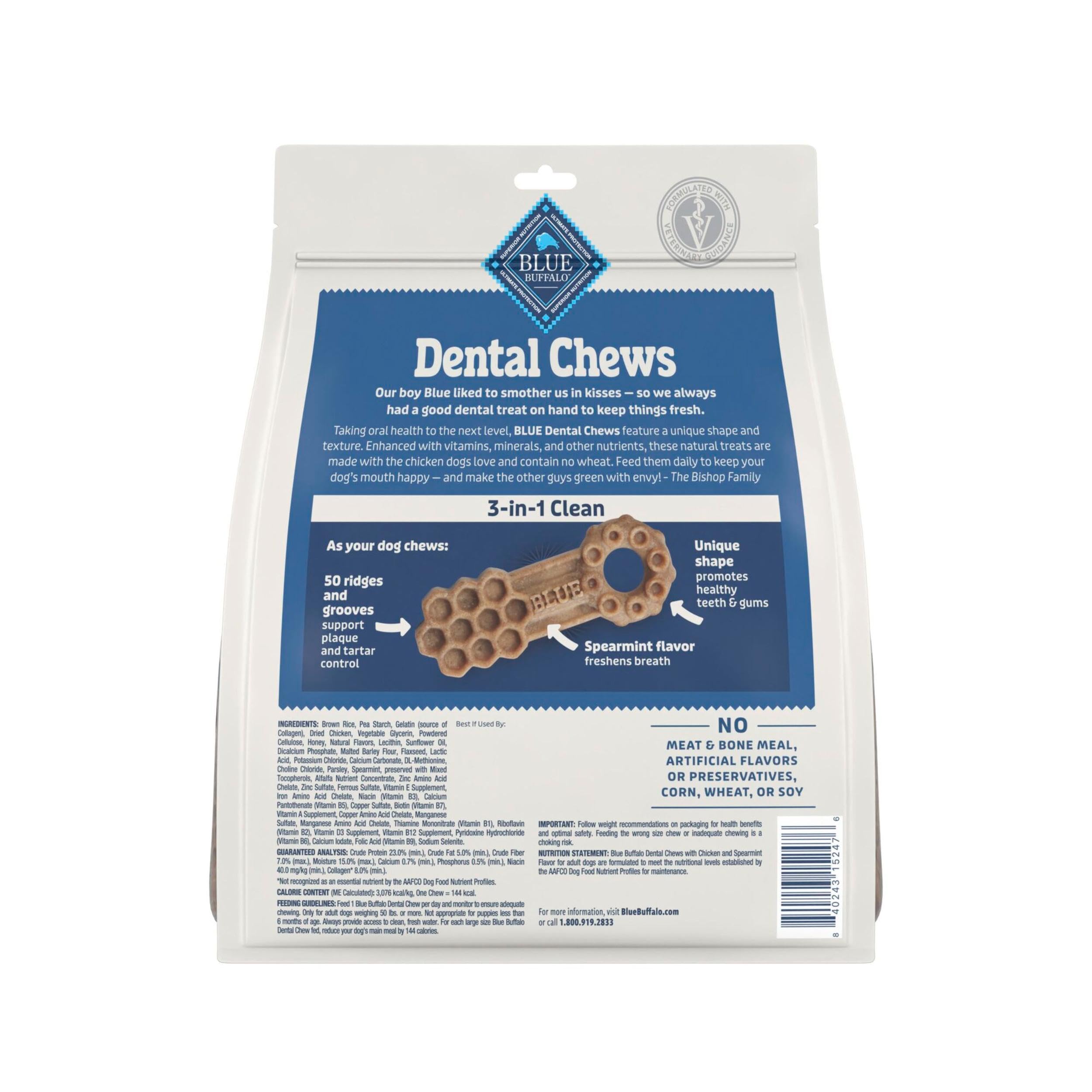 Crêtes visibles sur friandises dentaires Blue Buffalo pour réduction potentielle de plaque