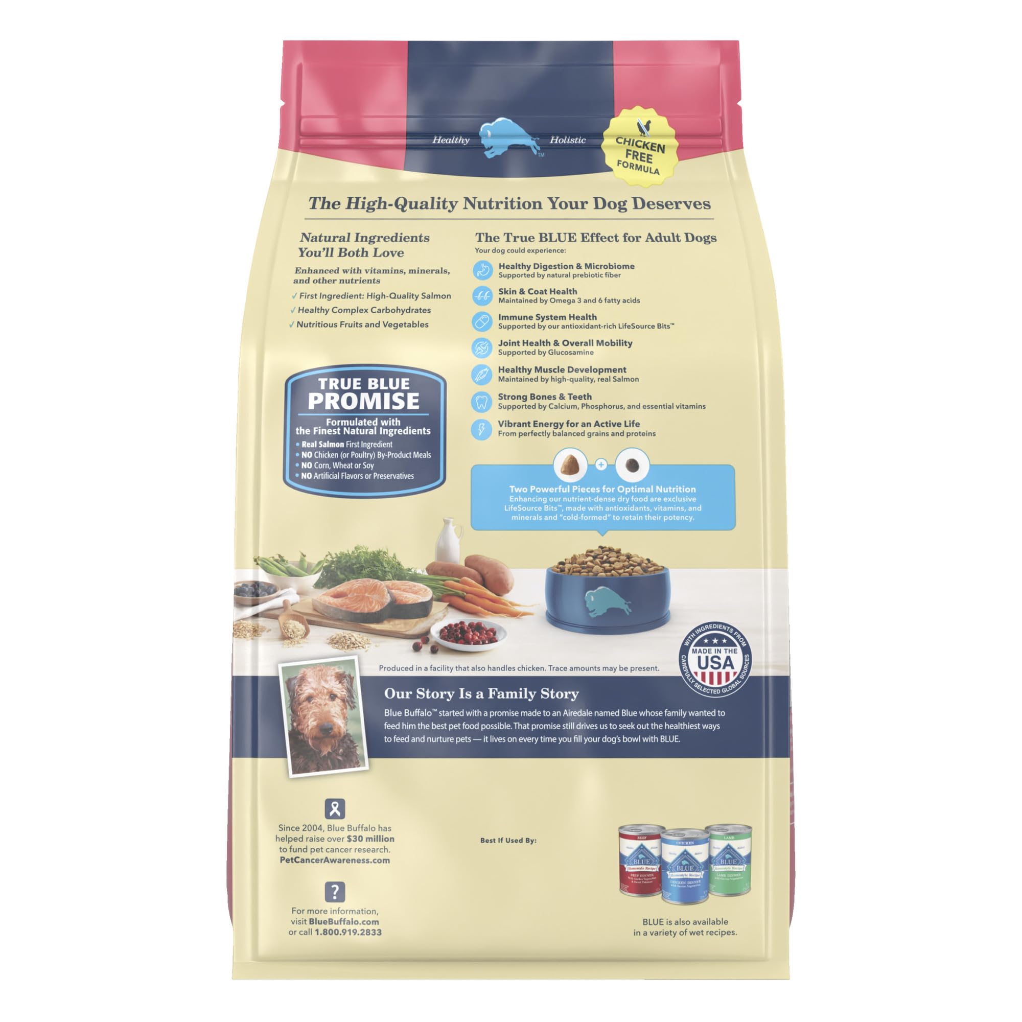 Blue Buffalo gros plan saumon réel, protéine principale naturelle pour chien.