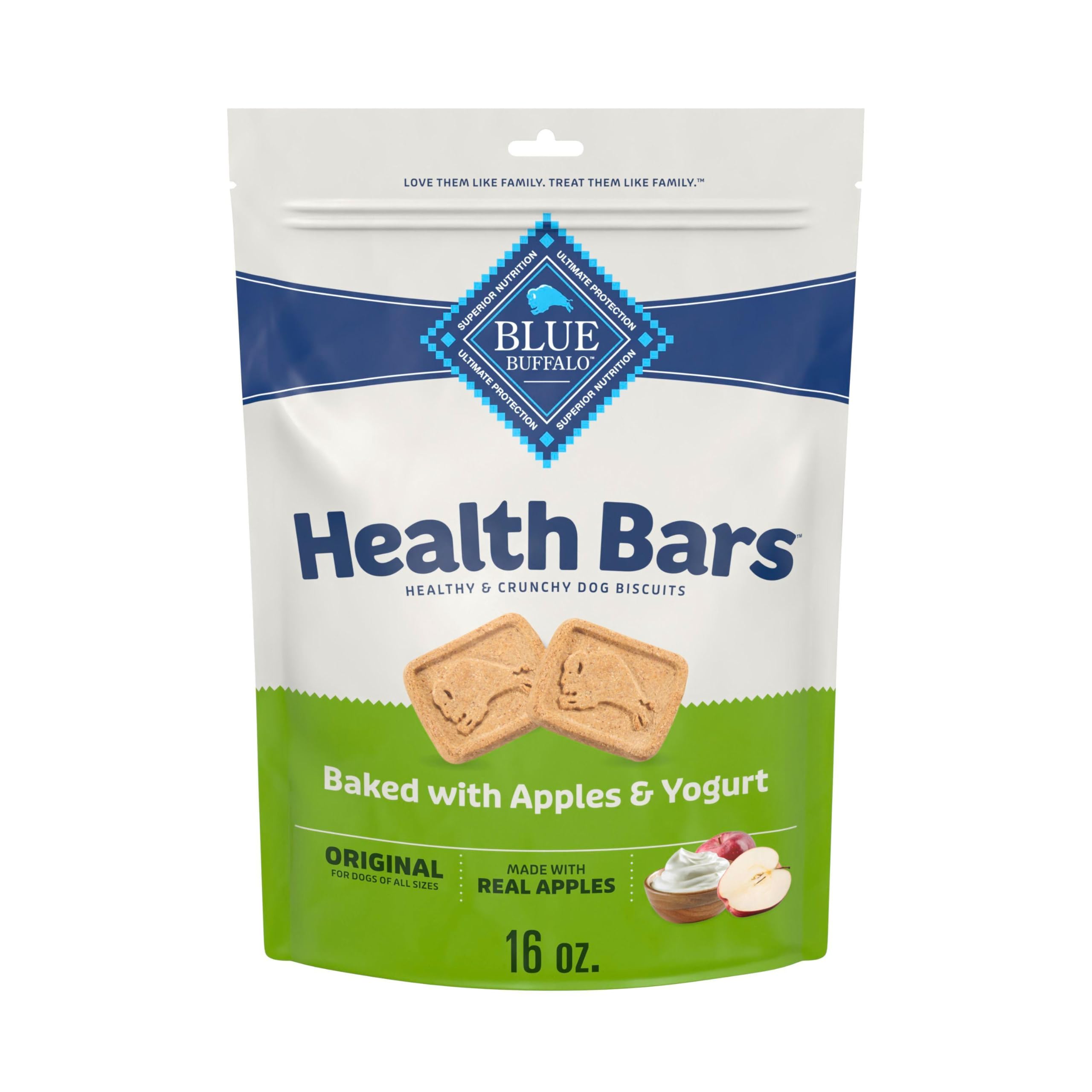 Blue Buffalo Health Bars: biscuits croustillants aux pommes et yogourt, récompense savoureuse pour chien.