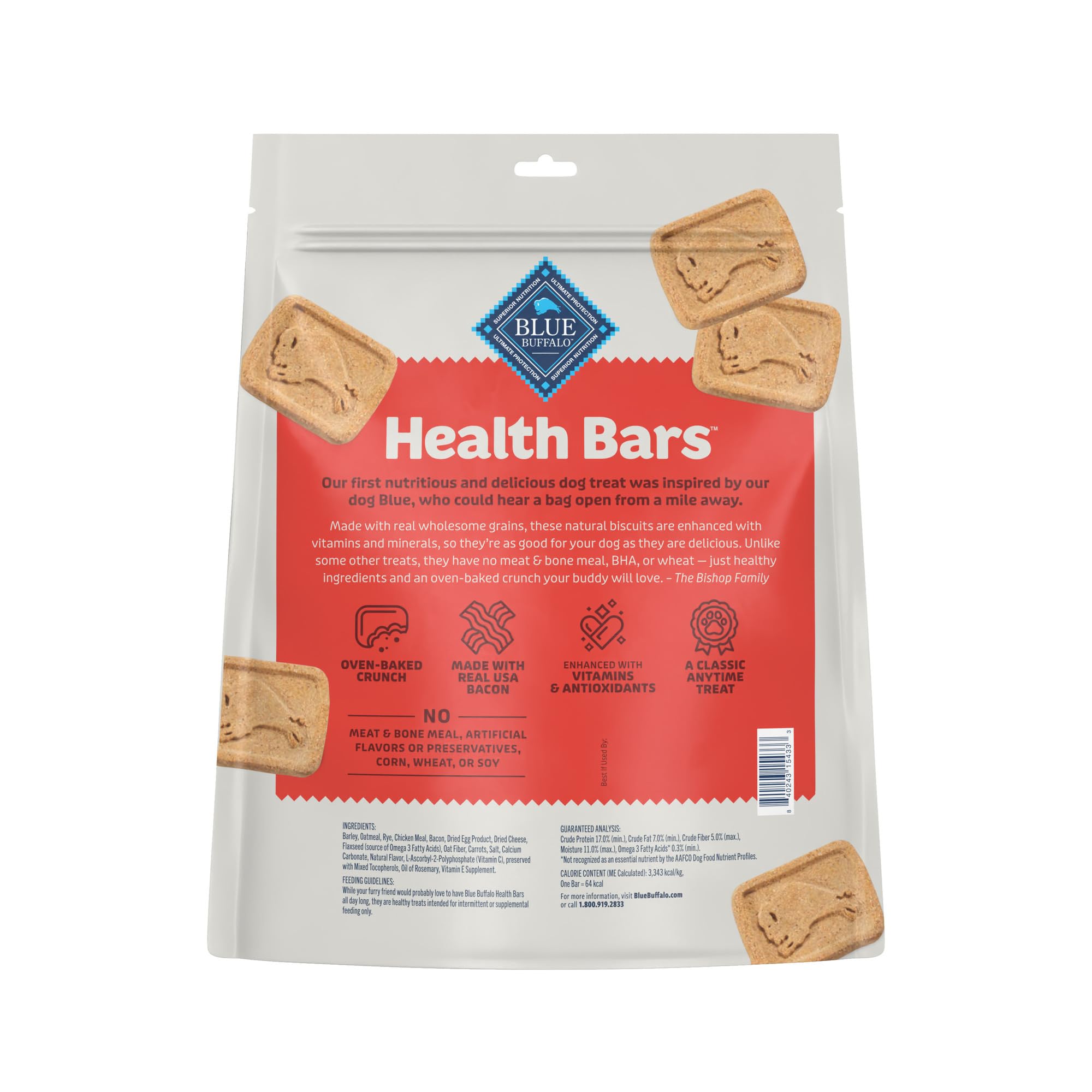 Blue Buffalo Health Bars mini-biscuits: arôme-croustillant bacon-œuf-fromage, récompense gourmande.