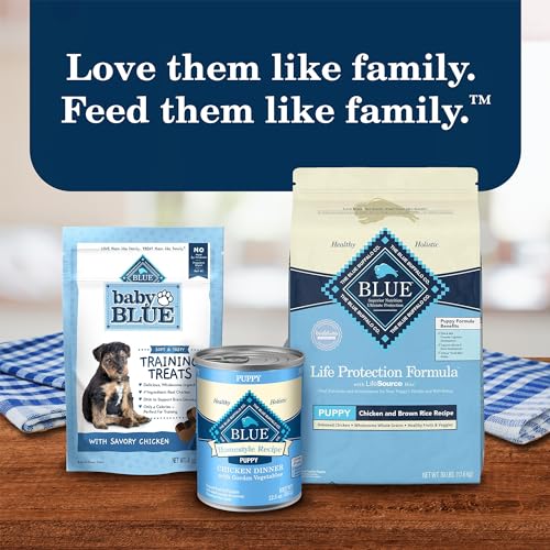 Blue Buffalo Homestyle Puppy: ingrédients naturels visibles sur l'emballage.