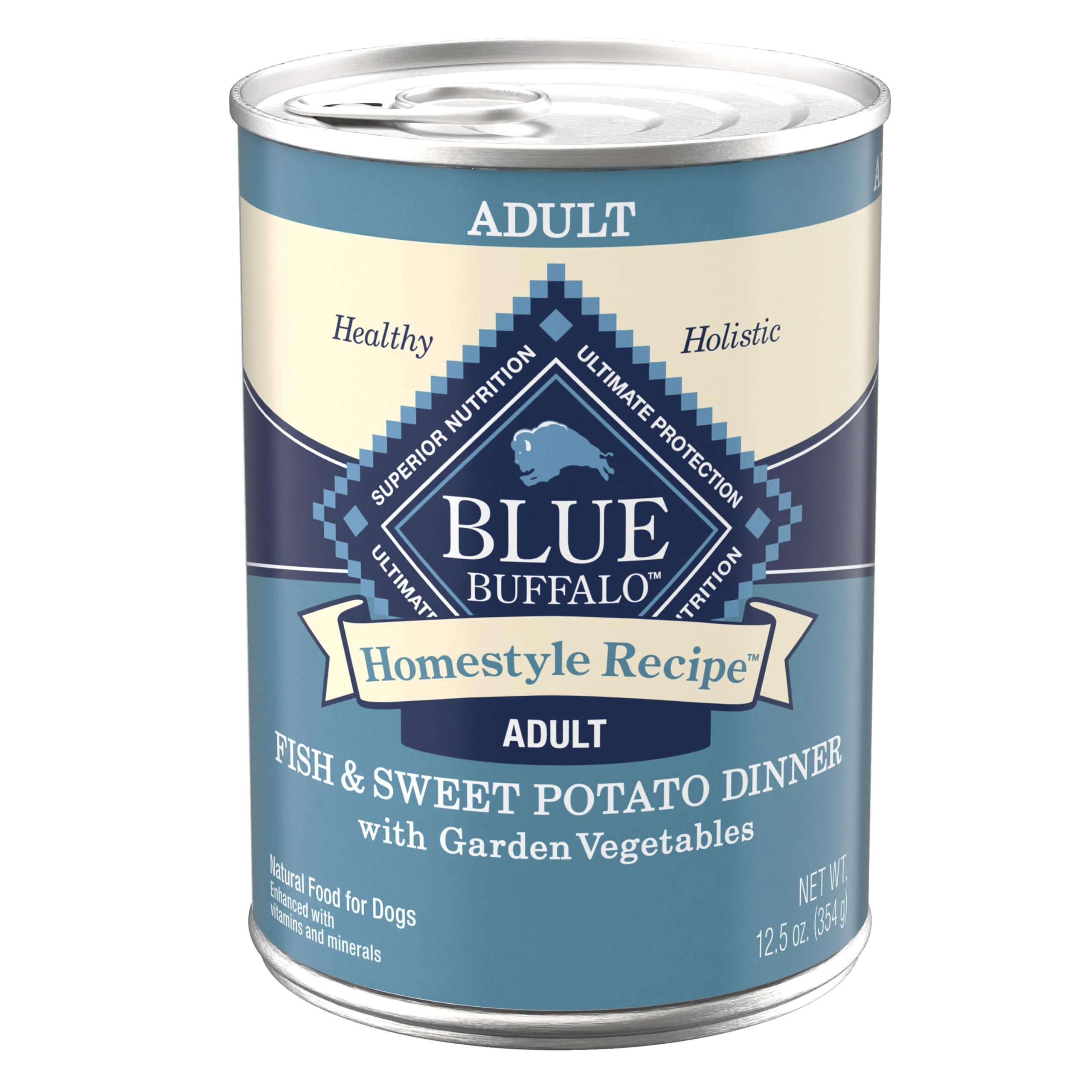 Blue Buffalo Homestyle Recipe: poisson et patate douce dans un bol appétissant.