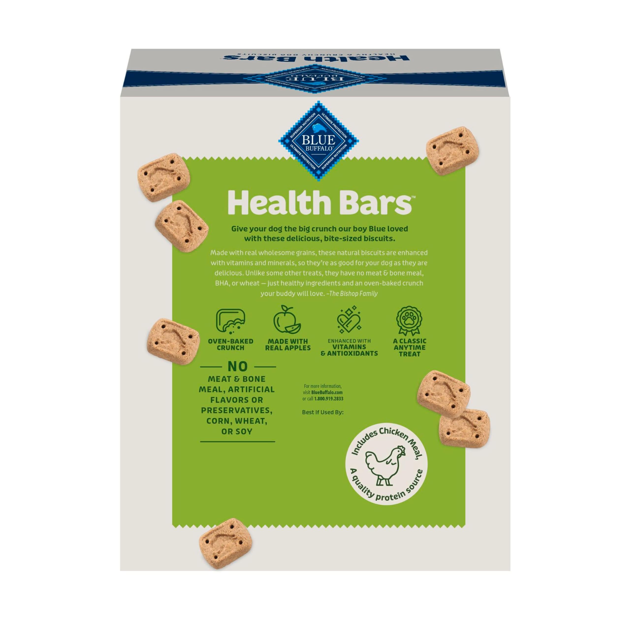 Ingrédients naturels Blue Buffalo Health Bars: pommes et yaourt pour gâter votre chien sans céréales.