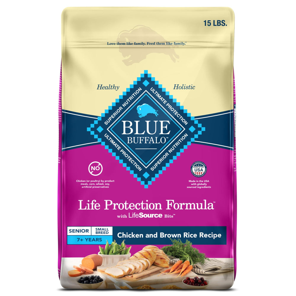 Blue Buffalo Life Protection Formula Senior pour petites races, emballage 15 lb, pratique et fiable.