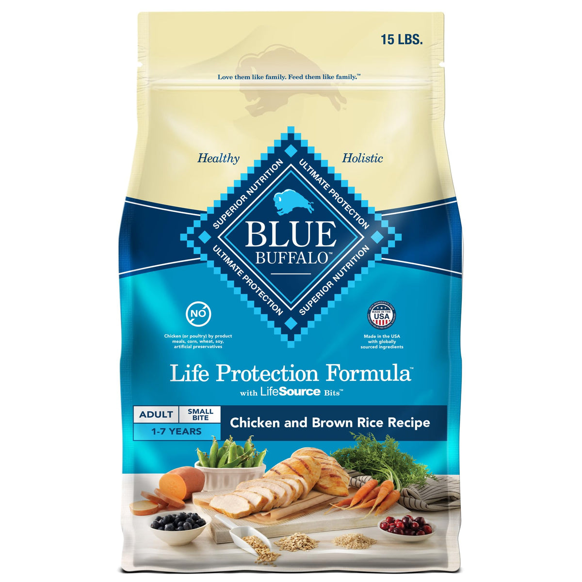 Blue Buffalo Life Protection Petites bouchées poulet et riz, croquettes faciles à mâcher pour chien adulte.