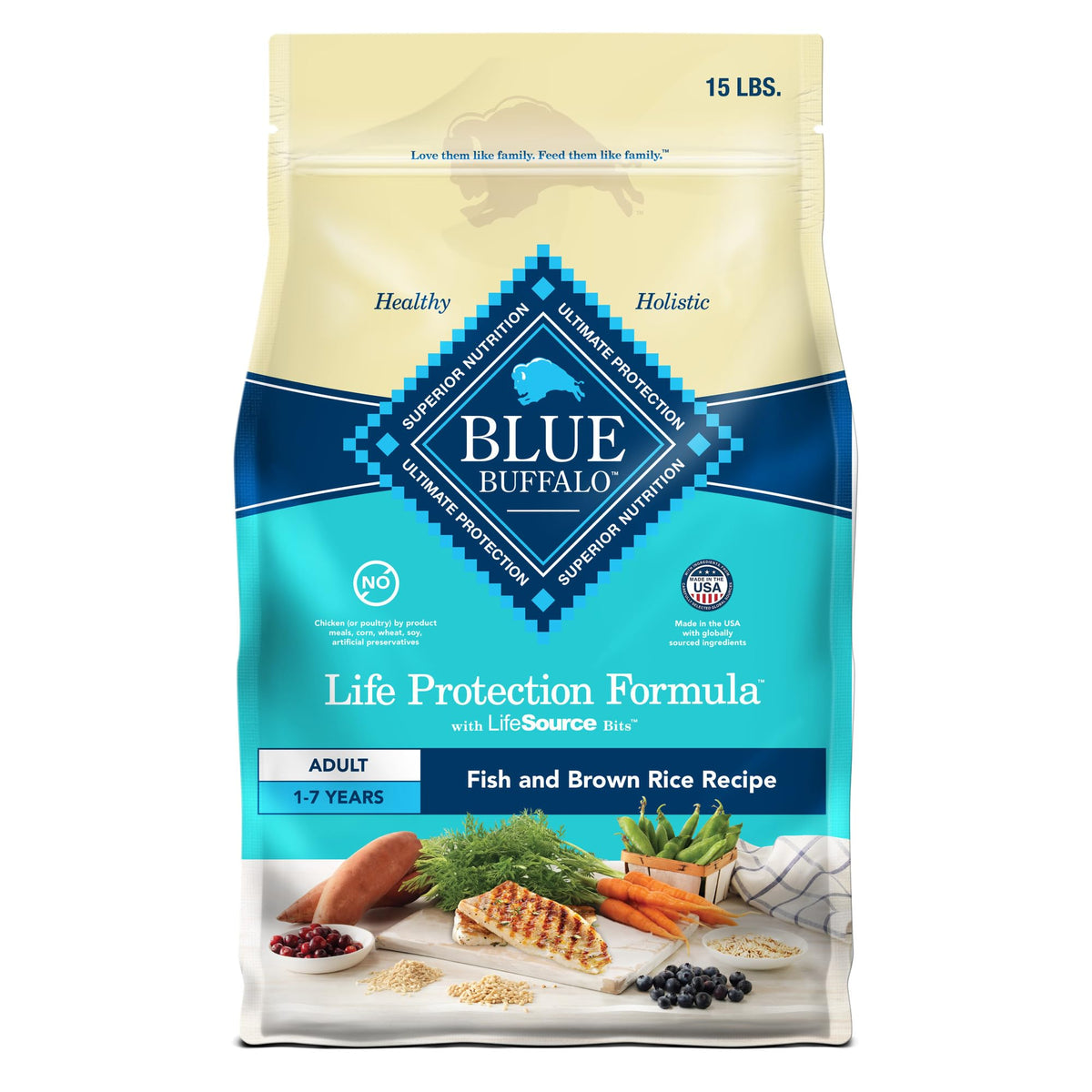 Blue Buffalo Life Protection : poisson premier ingrédient et muscles solides.