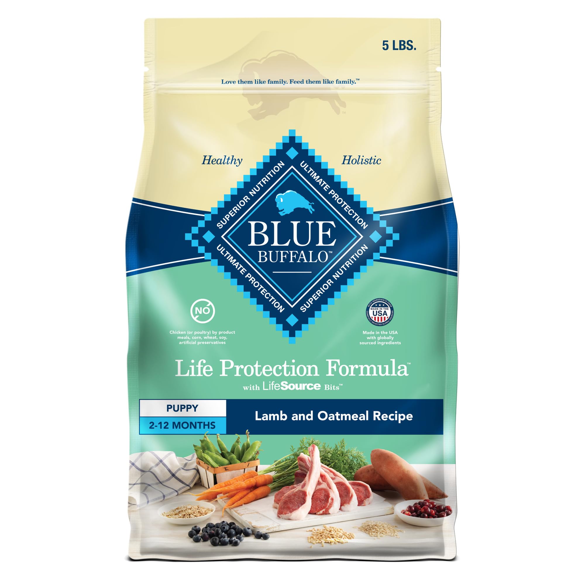Blue Buffalo Life Protection Puppy emballage agneau et avoine, idéal pour chiots en croissance.