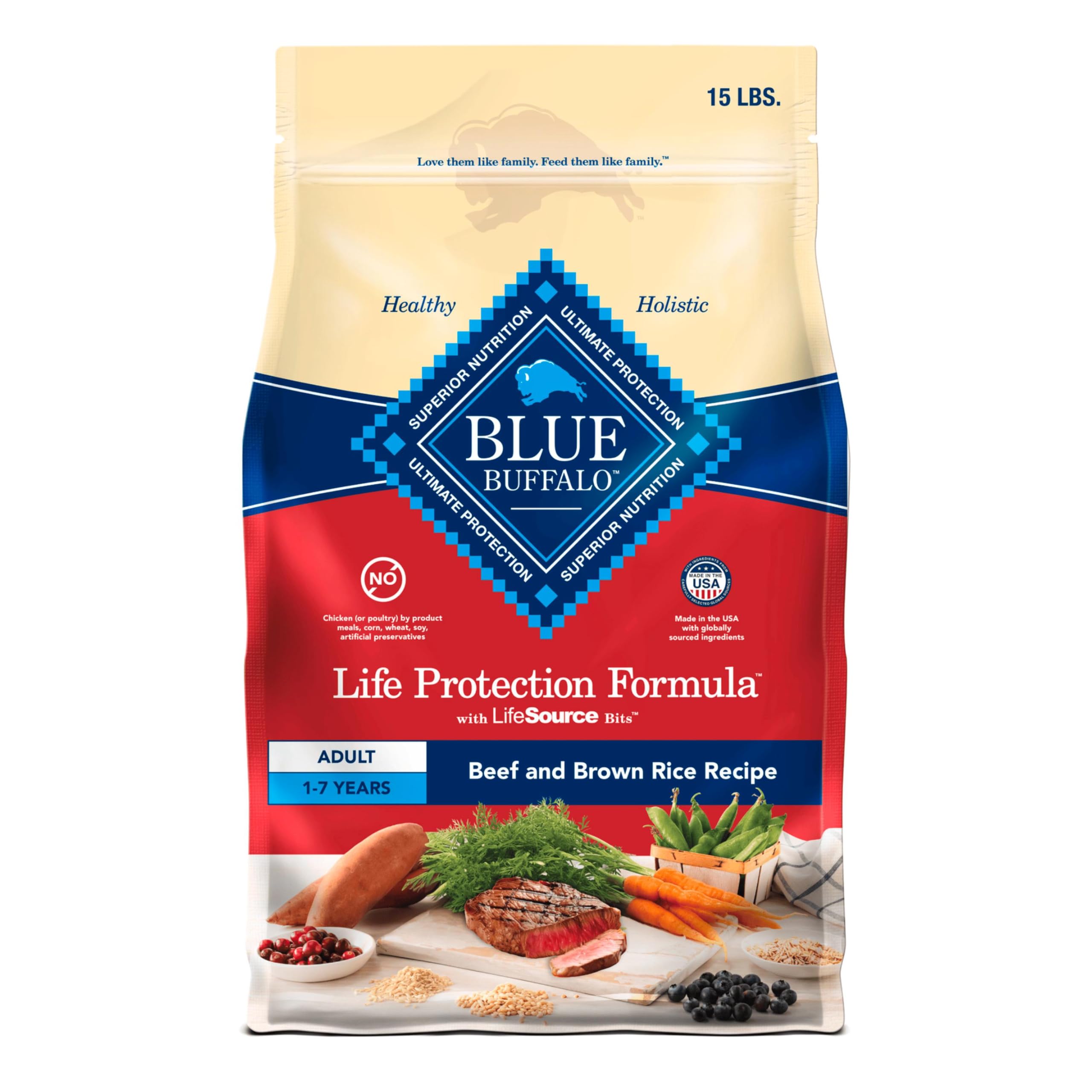 Blue Buffalo Life Protection sac 15 livres boeuf et riz brun pour chiens adultes