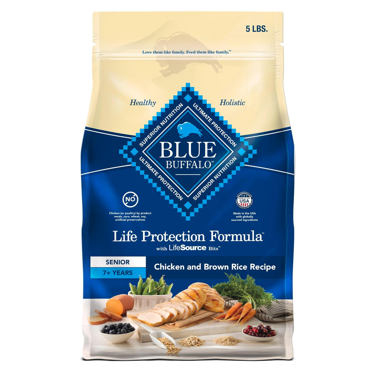 Blue Buffalo Life Protection Senior — emballage clair, idéal pour chiens âgés.