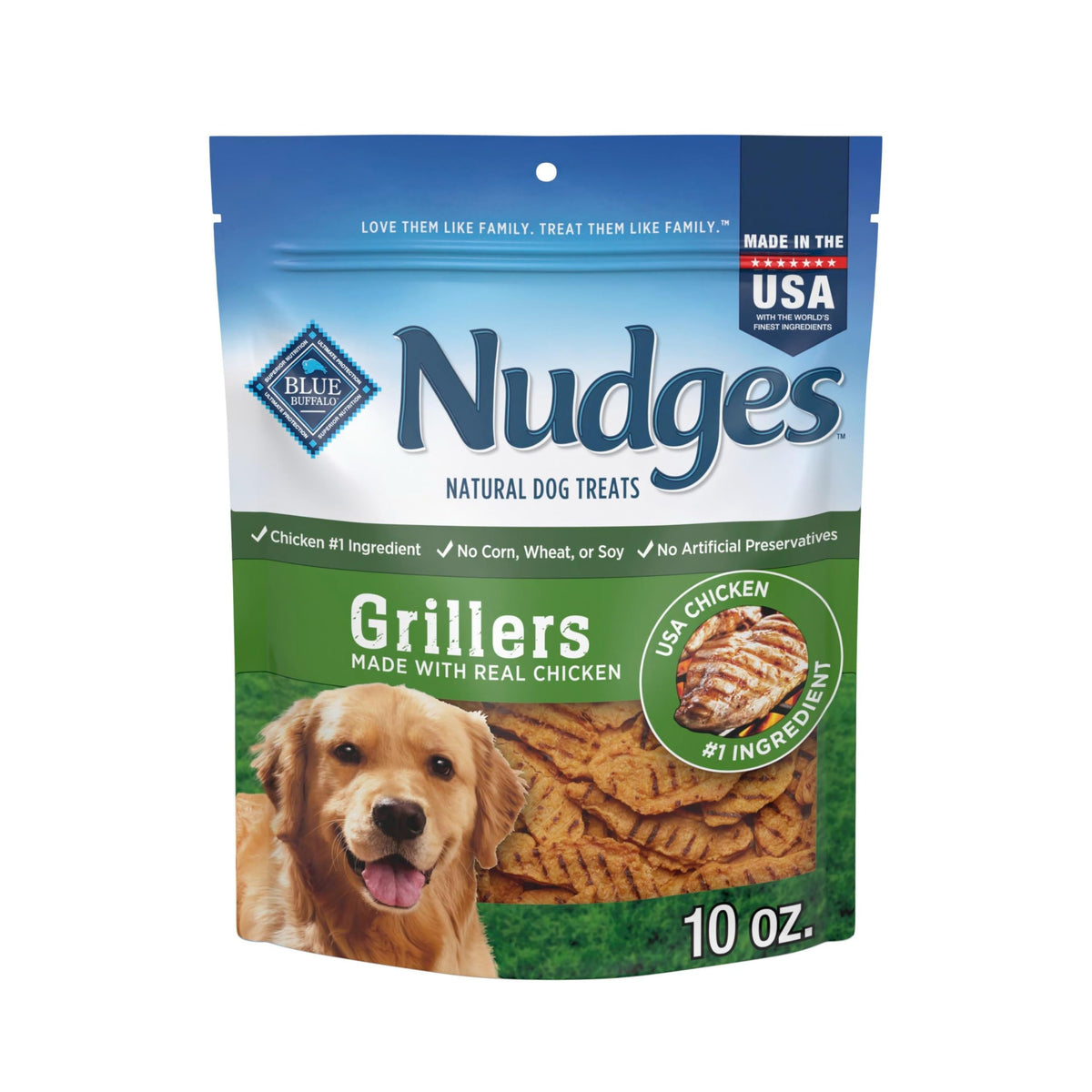 Blue Buffalo Nudges Grillers : paquet visible, friandises appétissantes pour chien