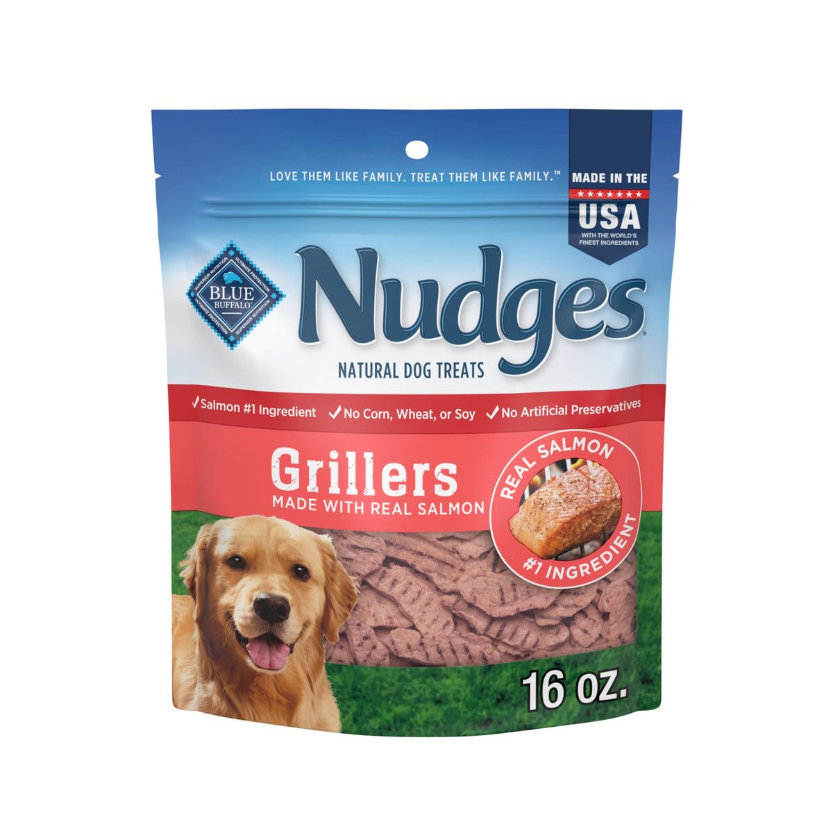 Blue Buffalo Nudges Grillers au saumon, emballage 16 oz, récompense pratique pour l'entraînement.