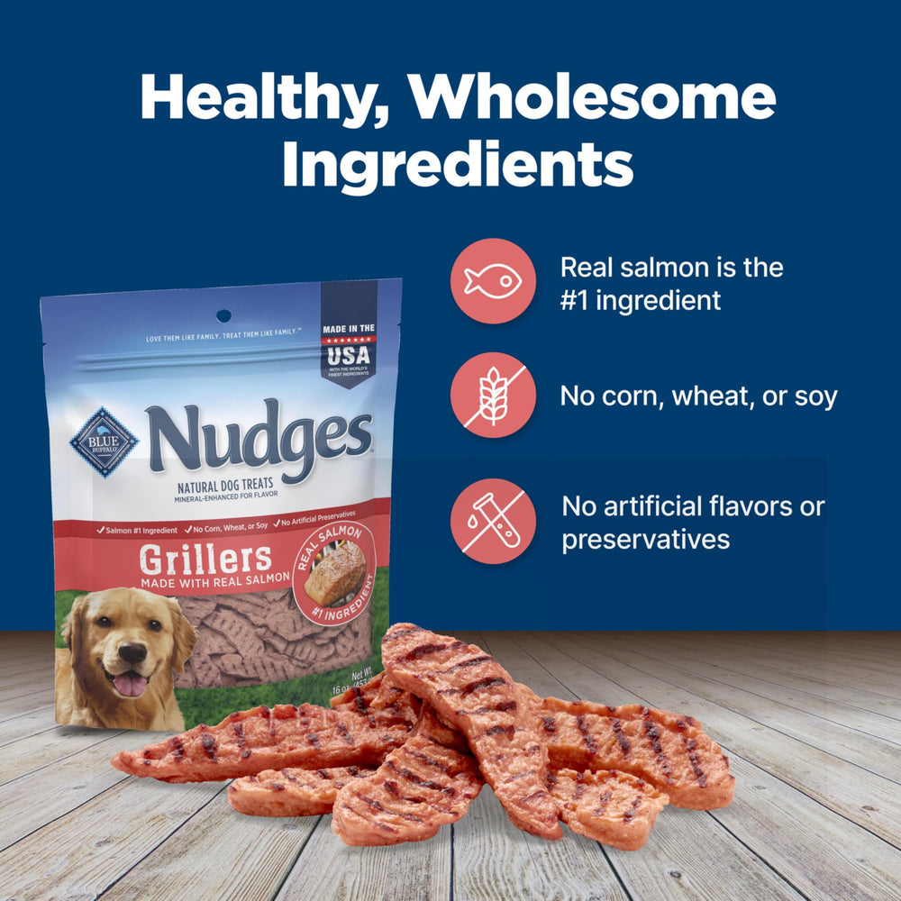 Blue Buffalo Nudges Grillers au saumon sans soja, ingrédients plus lisibles.