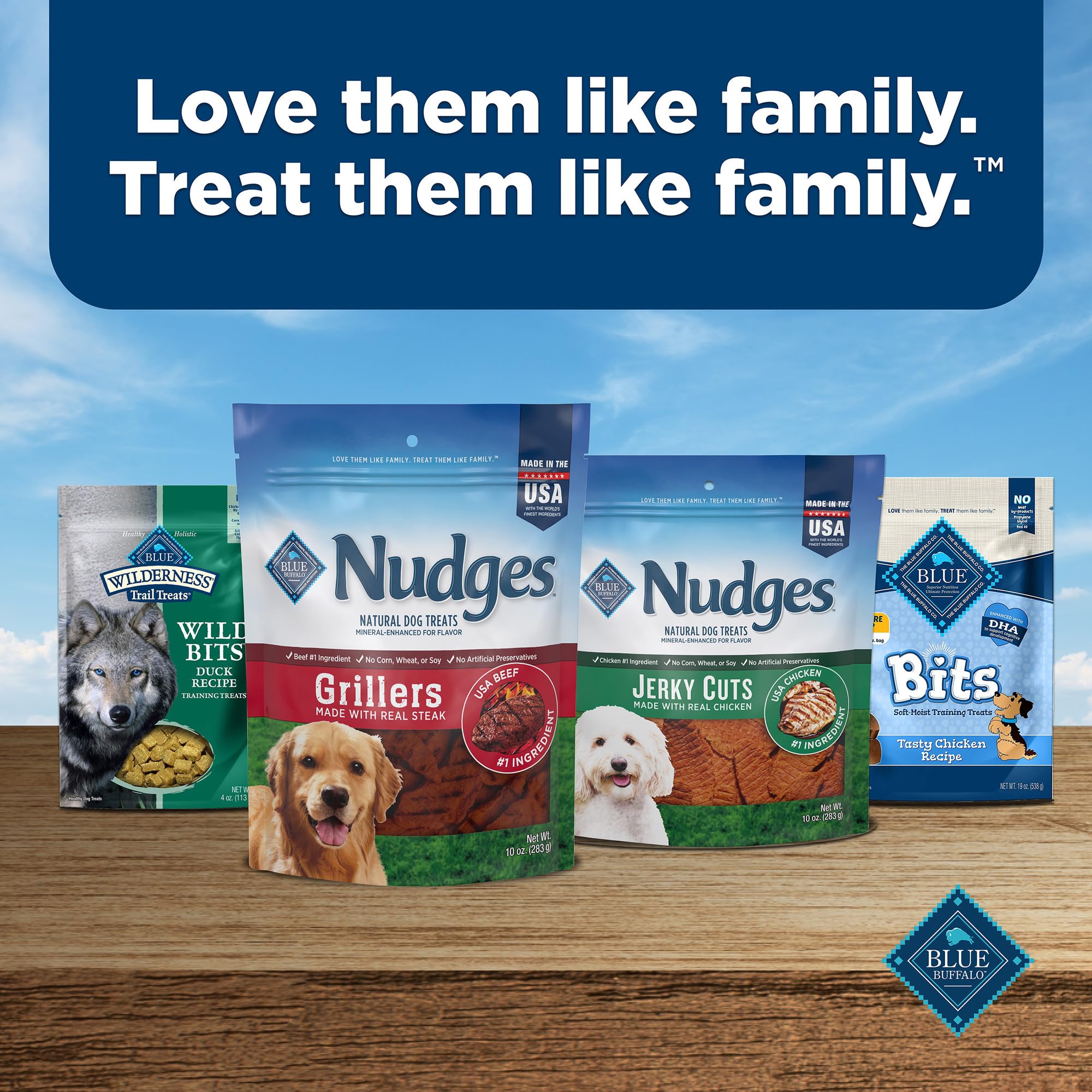 Blue Buffalo Nudges Homestyle bacon ajoute arôme alléchant pour chiens.