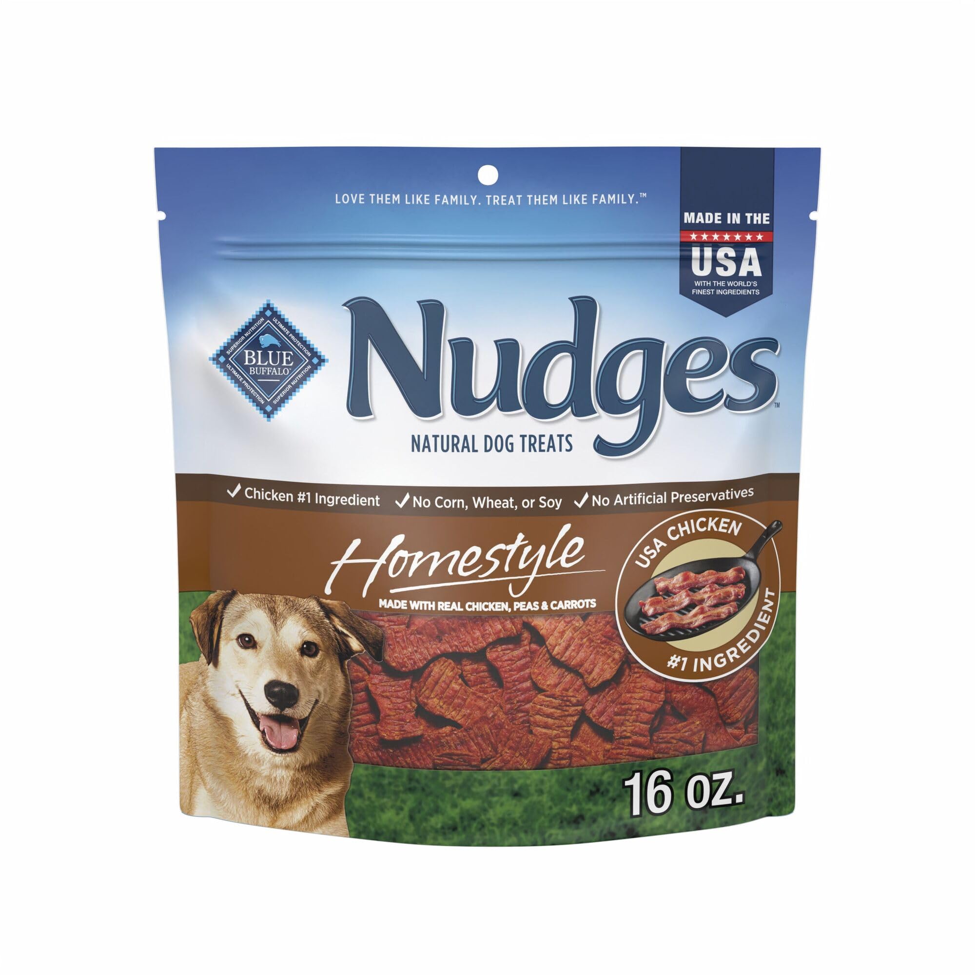 Blue Buffalo Nudges Homestyle dans un sac 16oz, récompense savoureuse pour chien.