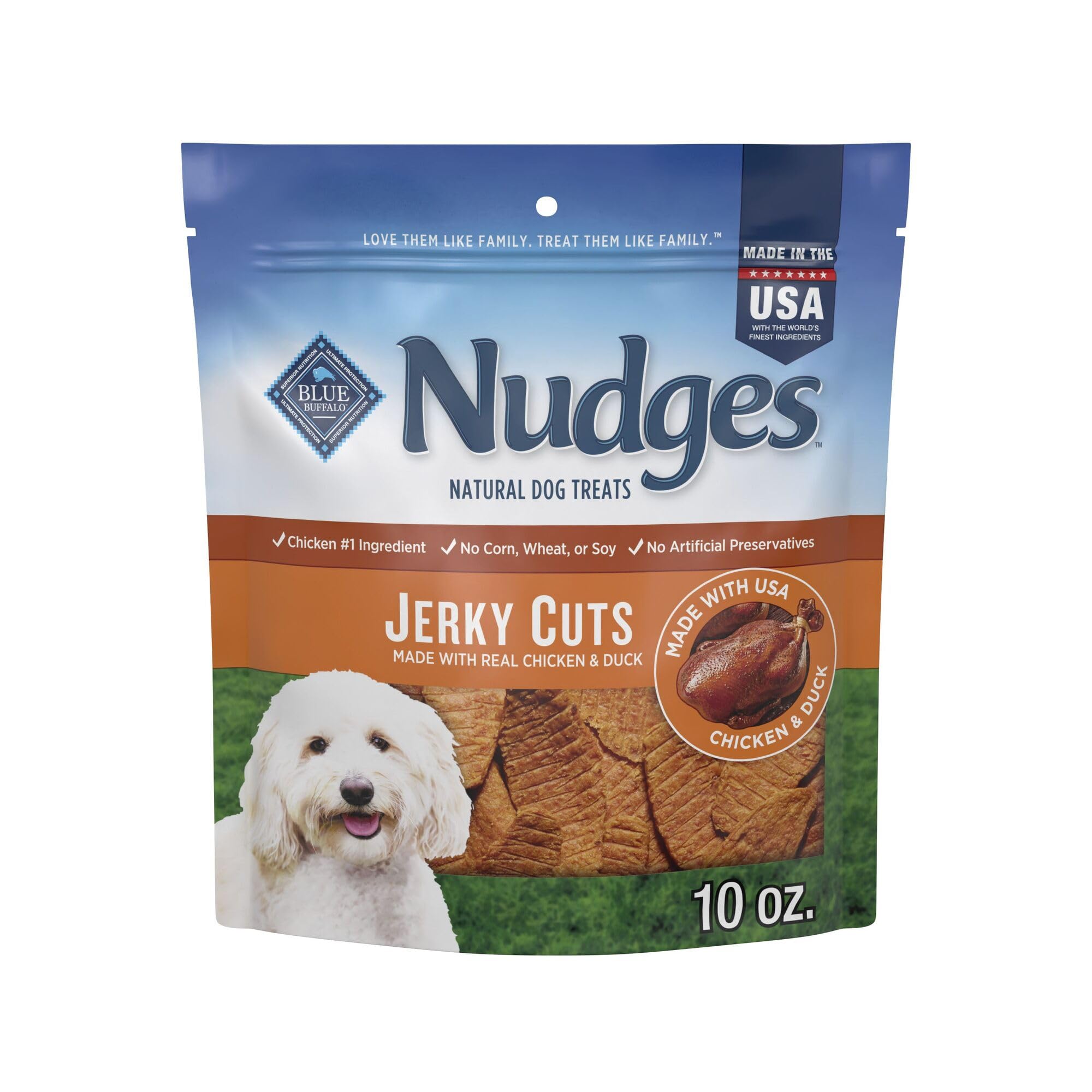 Blue Buffalo Nudges Jerky Cuts canard, emballage 10oz, récompense pratique pour sorties quotidiennes.