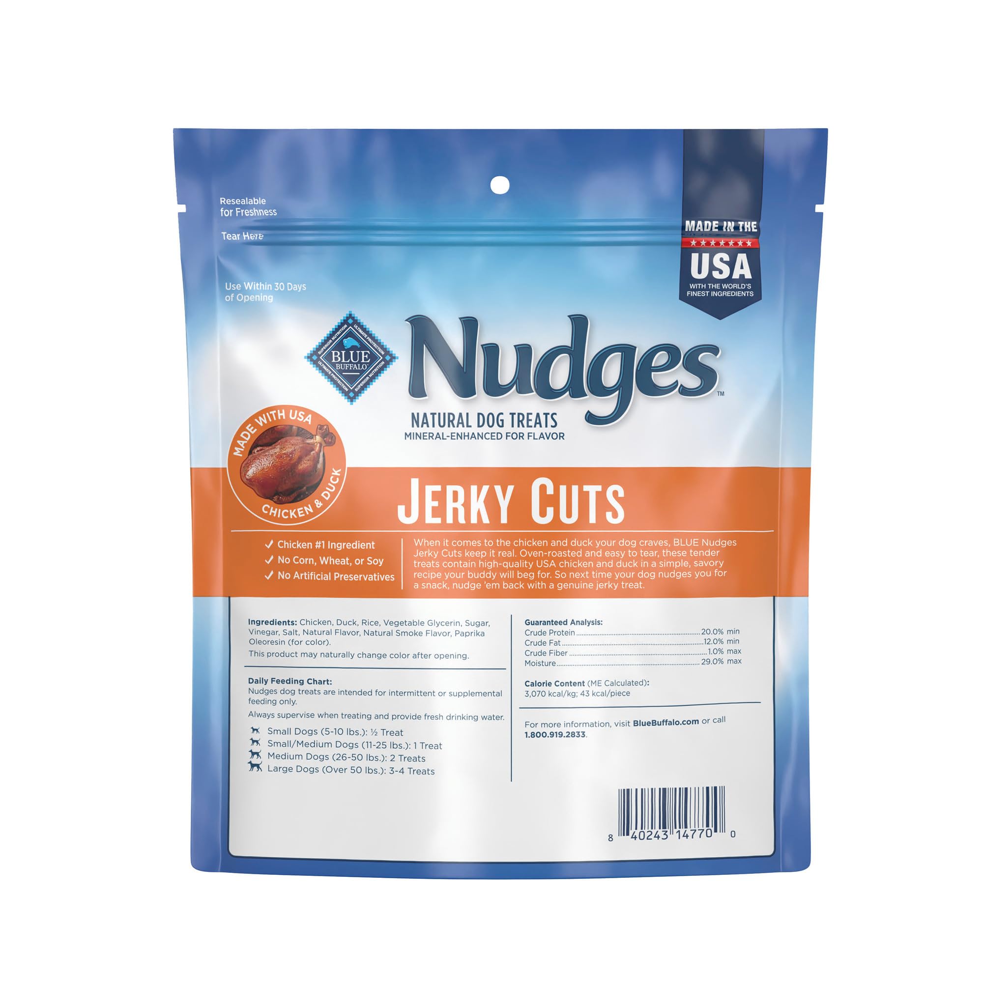 Blue Buffalo Nudges Jerky Cuts canard, premier ingrédient canard, goût savoureux pour chiens actifs.