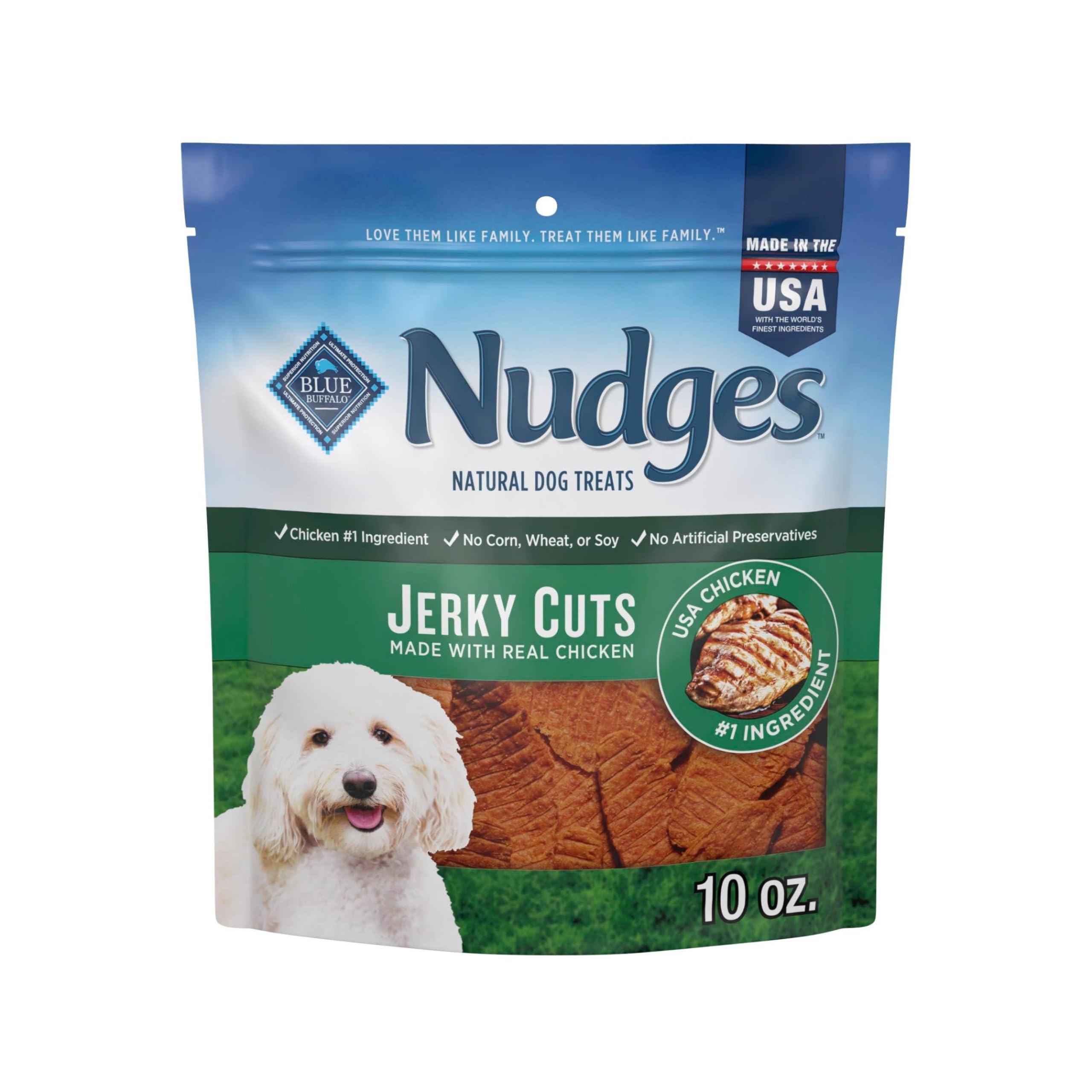 Blue Buffalo Nudges: sachet jerky poulet, récompense savoureuse.