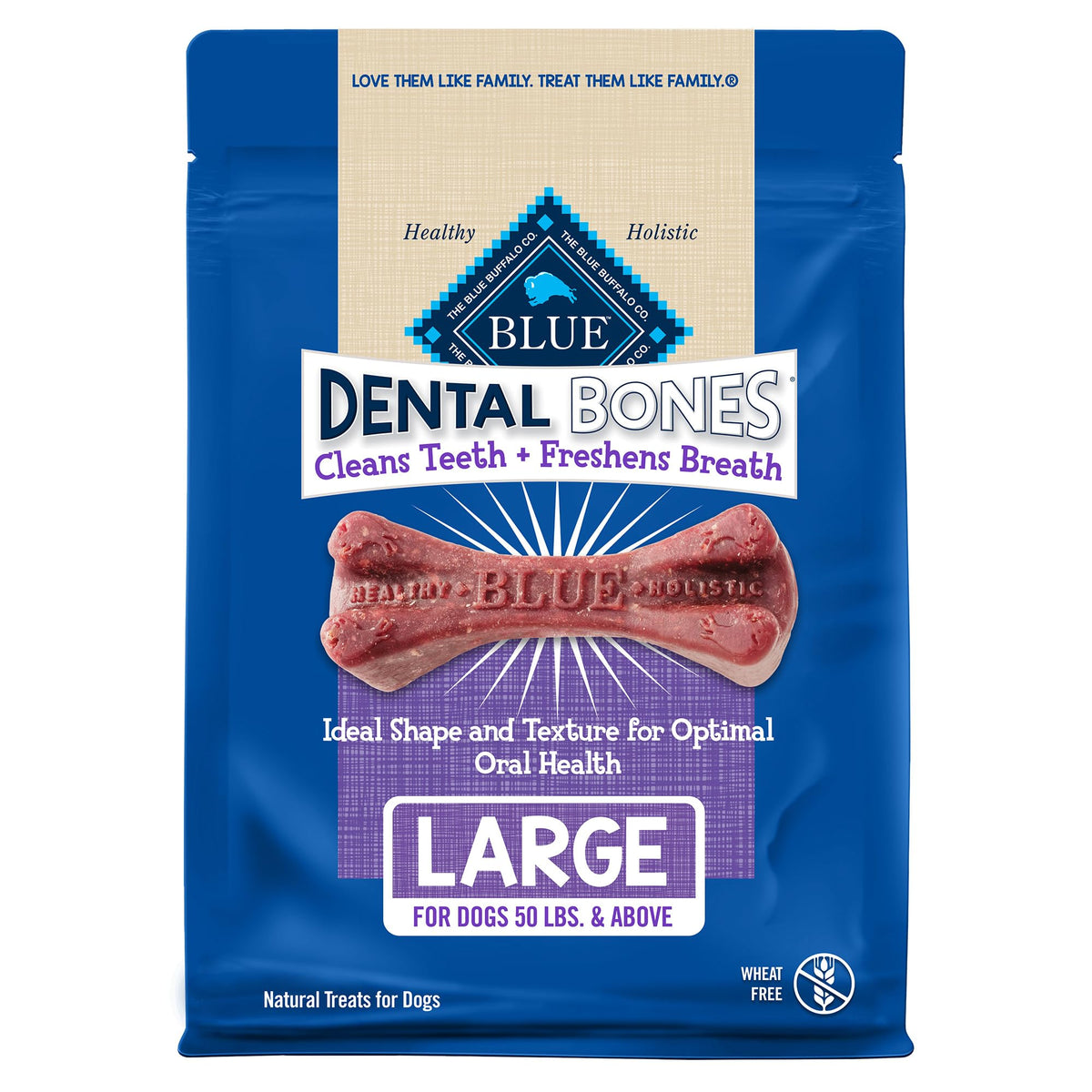 Blue Buffalo Os Dentaires pour Grands Chiens, emballage 27oz, pratique à ranger.