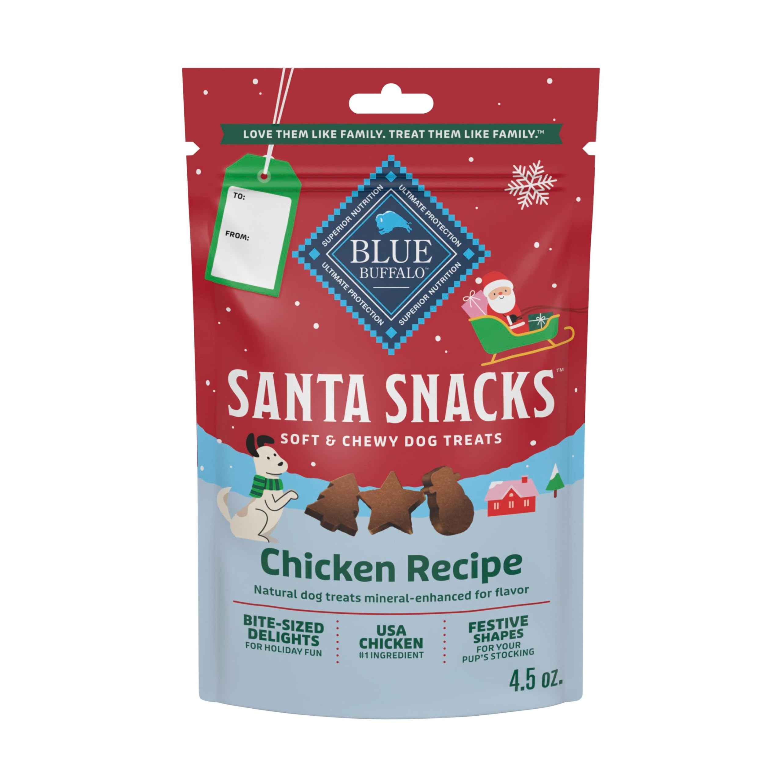Blue Buffalo Santa Snacks emballage festif facilement repérable pour les achats.