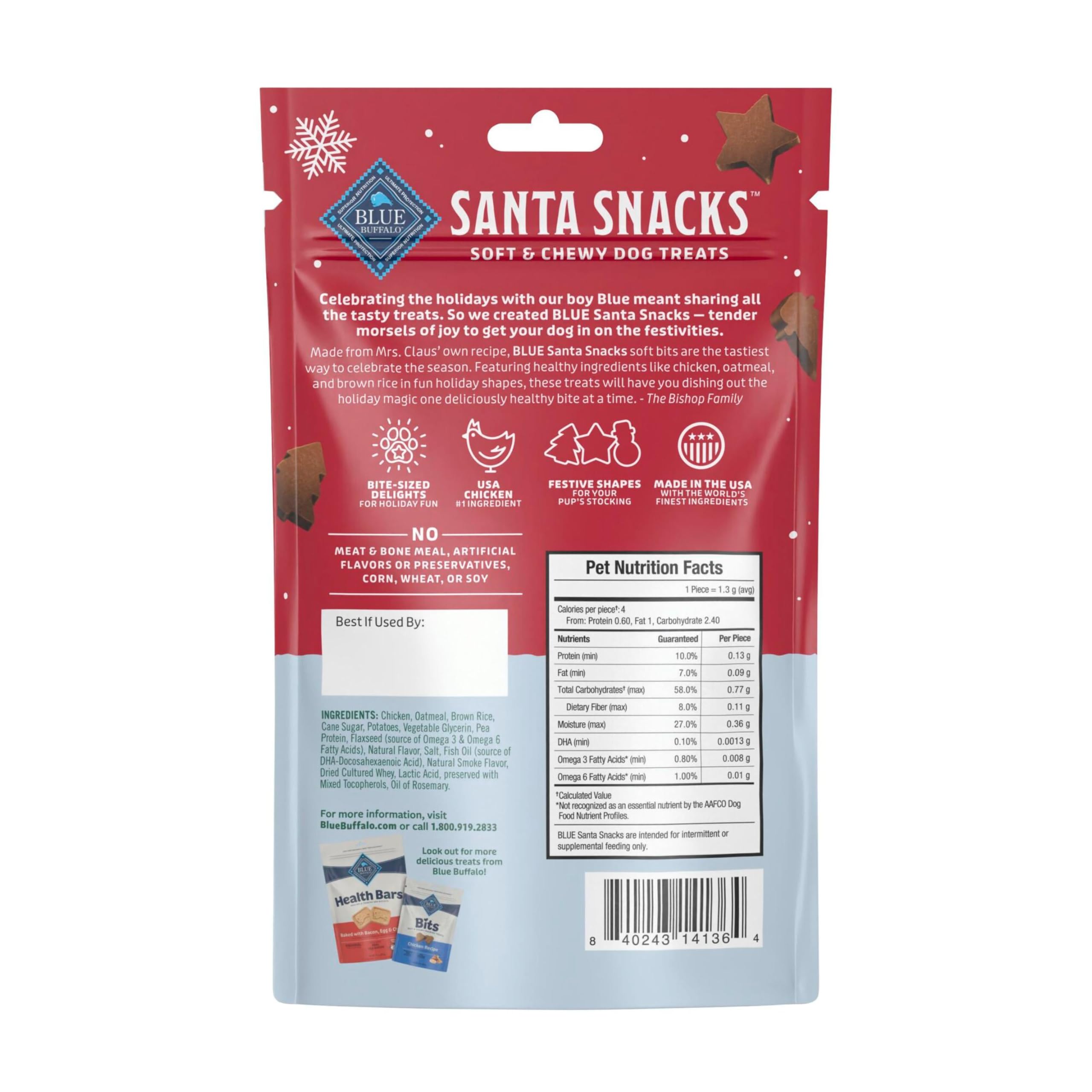 Blue Buffalo Santa Snacks morceaux-tendres en gros plan pour récompense.