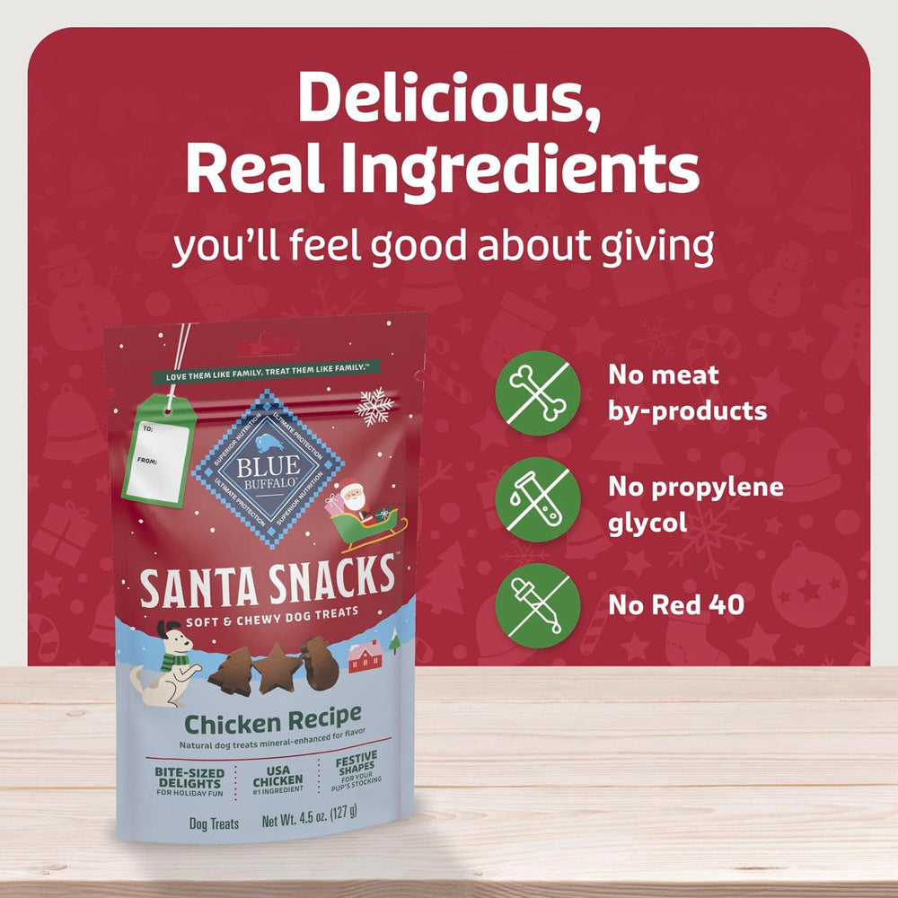 Blue Buffalo Santa Snacks vitamines et minéraux indiqués pour le soutien nutritionnel.