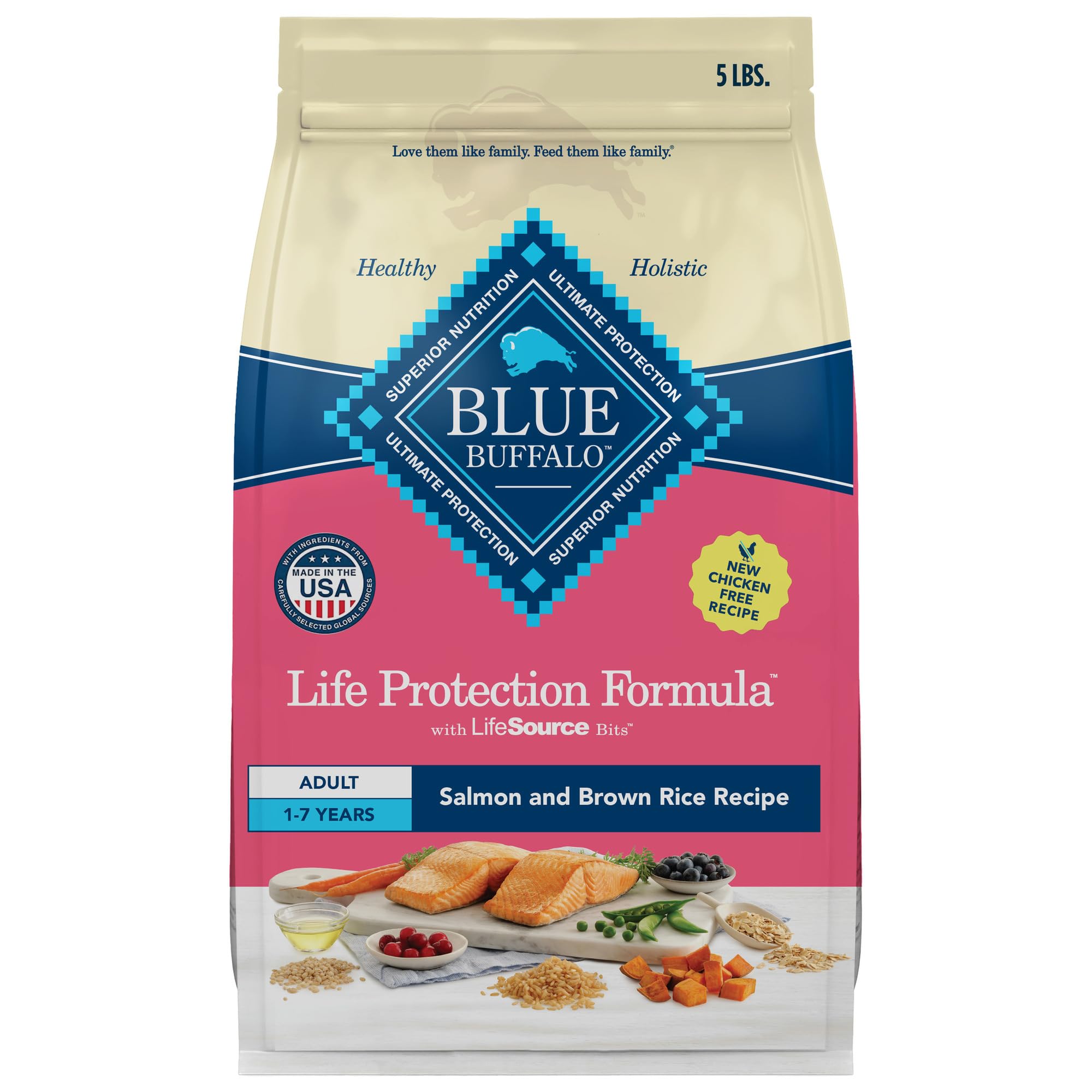 Blue Buffalo front du sachet saumon et riz brun, sac 5 livres – repas quotidien équilibré.